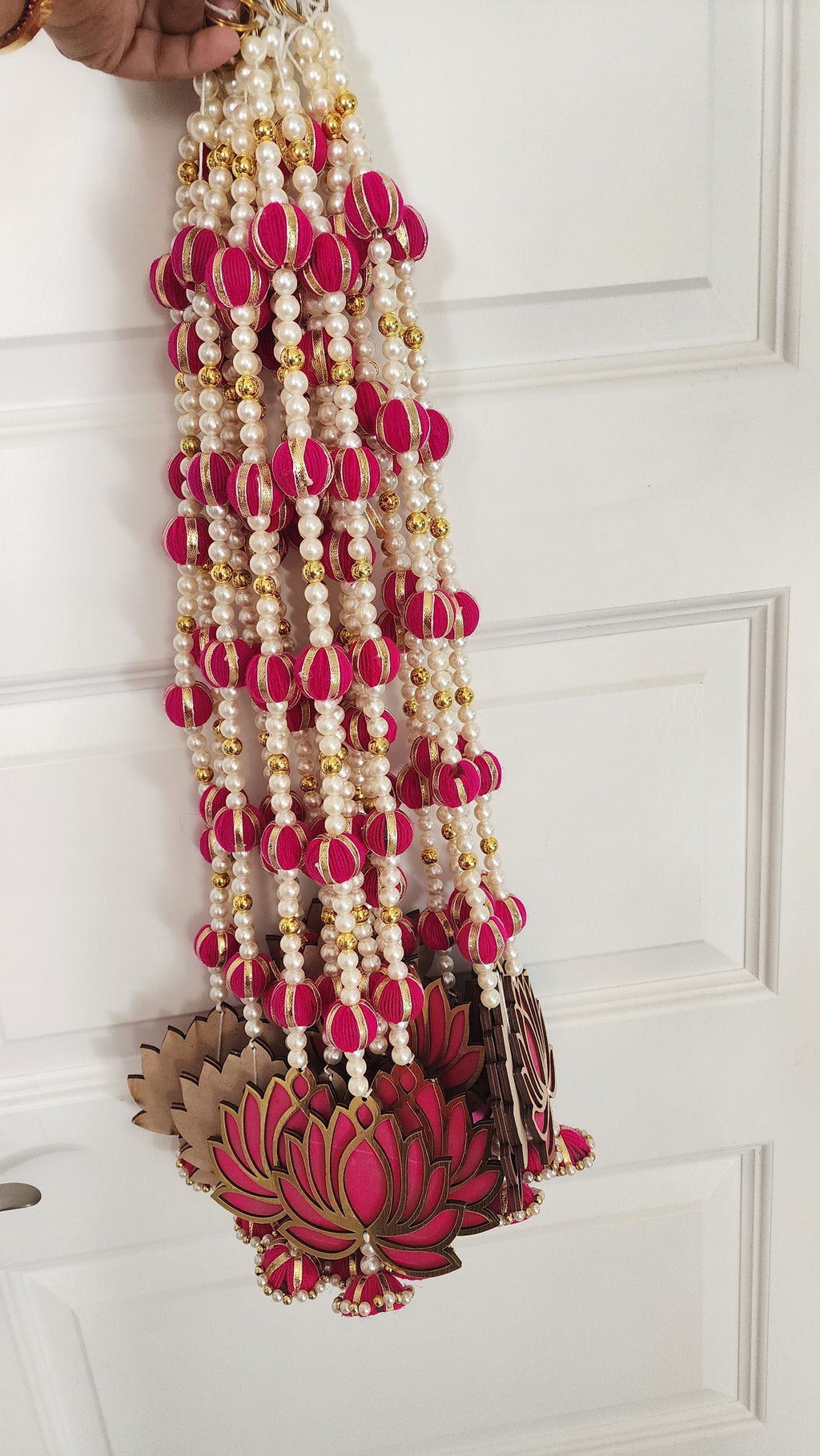 Pink Lotus Garland with Pearls Handmade Indian Wedding Hanging Mala - 24/30 inch