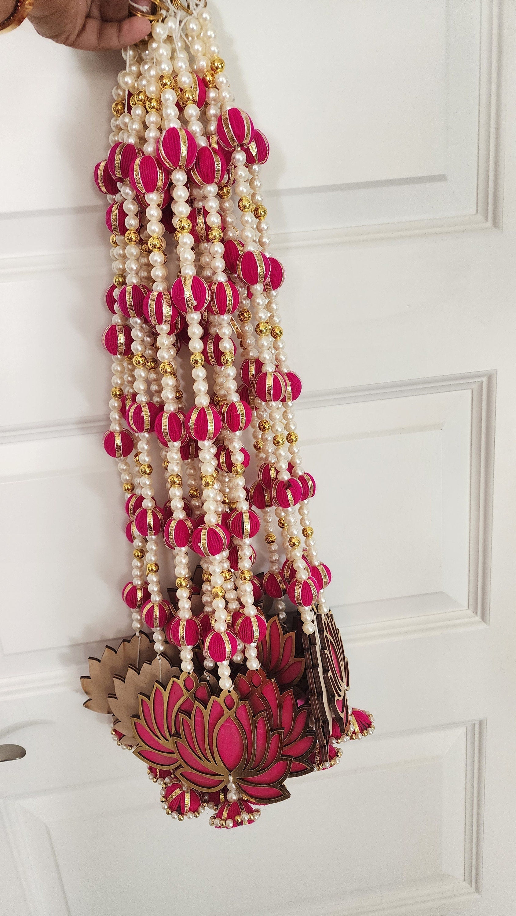 Pink Lotus Garland with Pearls Handmade Indian Wedding Hanging Mala - 24/30 inch