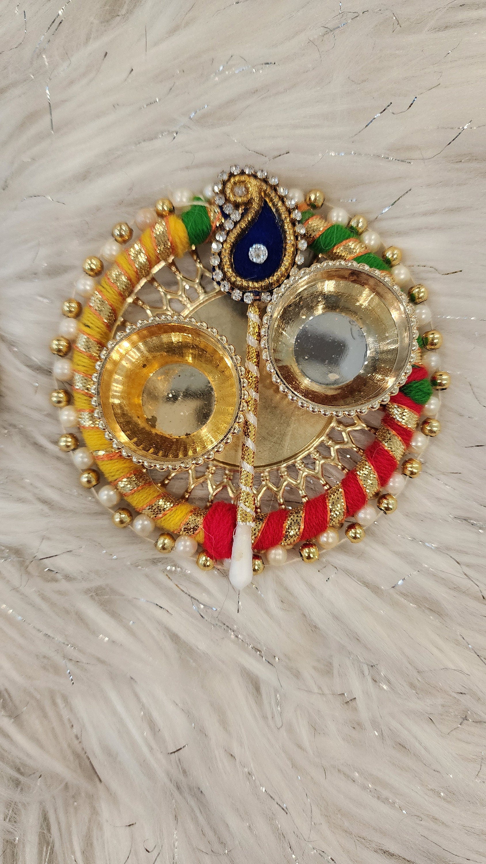 Handcrafted Multicolor Haldi Kumkum Plate: Pooja Favor with Stick