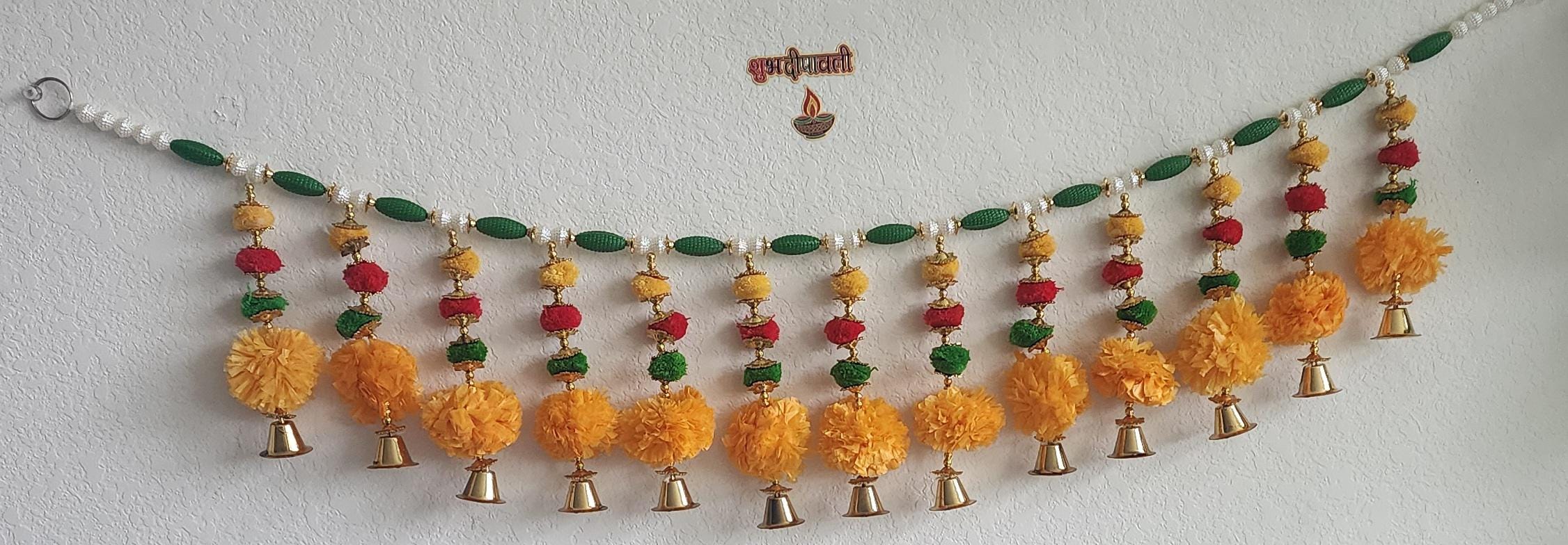 Handmade Indian Toran: Silk Door Hanging with Bells (38 x 6 inch)
