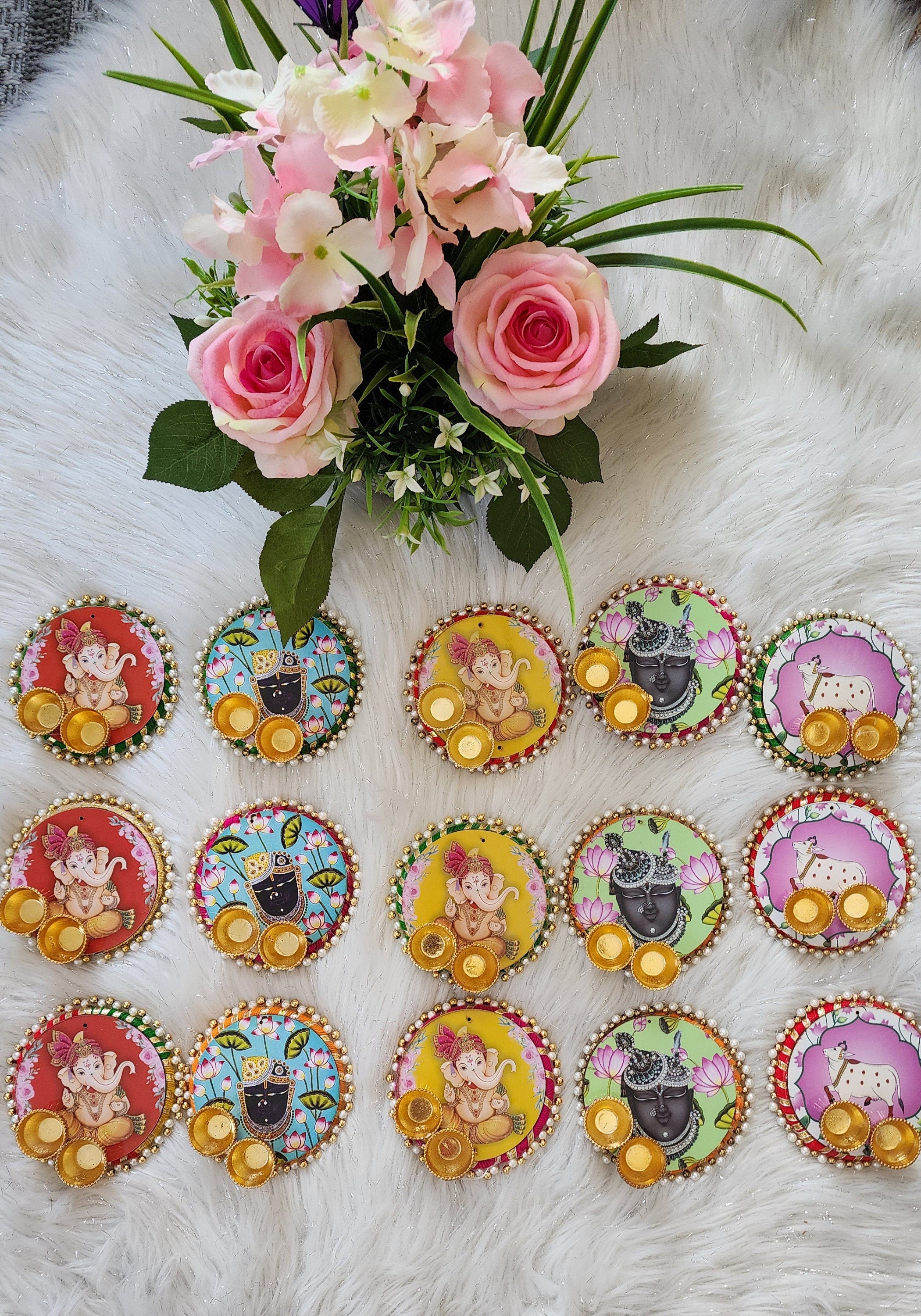 Handcrafted Pichwai Art Haldi Kumkum Holder: Ganesh ji, Radha Krishna.