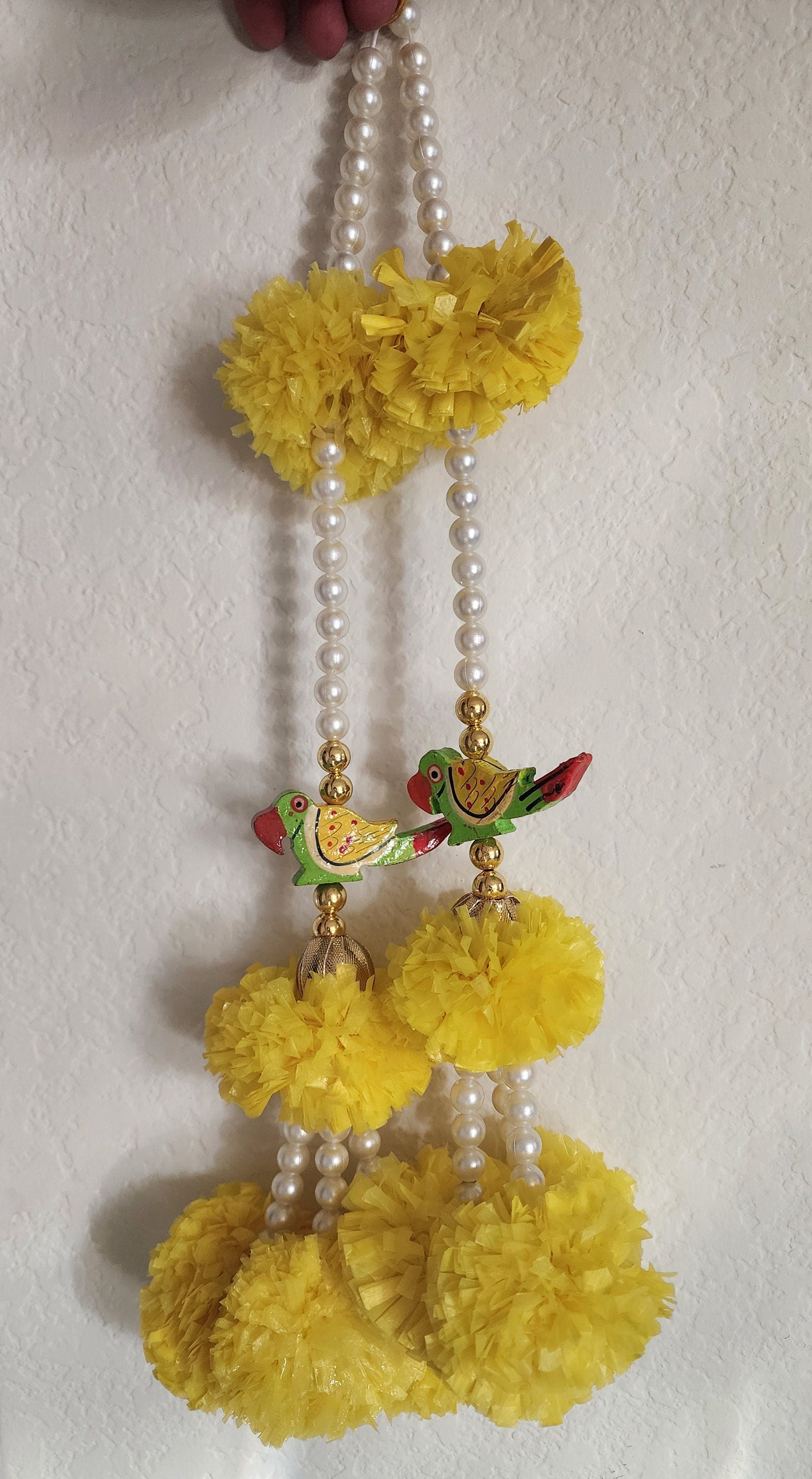 Yellow Marigold & Parrot String Wall Hanging: Indian Diwali Decor
