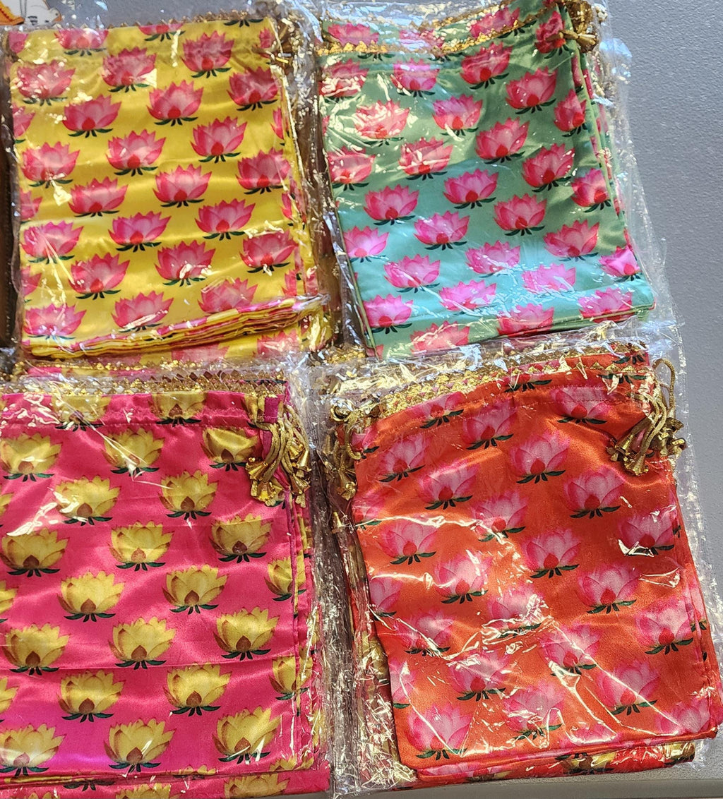 Lotus Cow Pichwai Print Silk Potli Bags: Wedding Favor Gifts