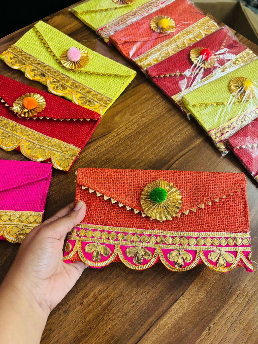 Jute Pom Pom Envelope Clutch: Wedding Sangeet Favor.
