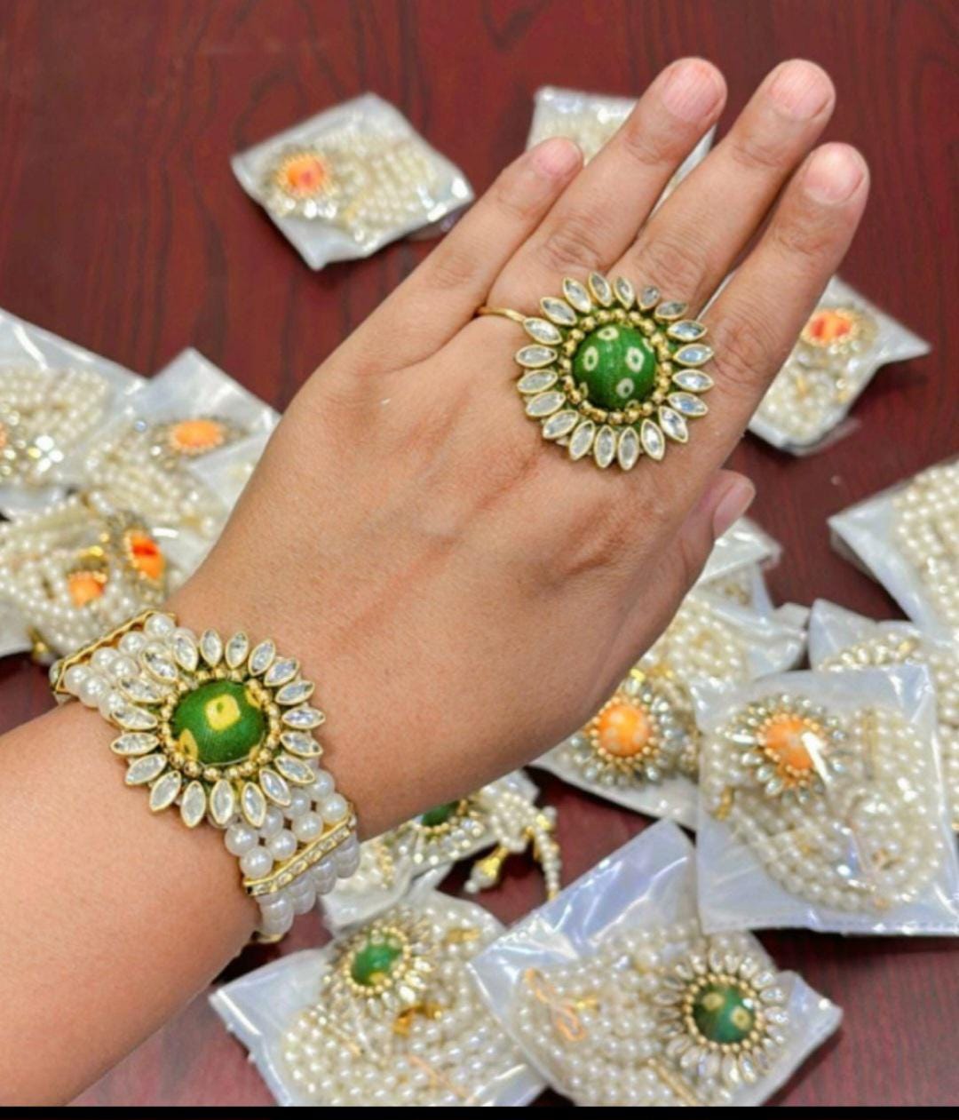 Bandhej Print Combo Set: Organza Potli Bag, Bracelet, Ring & Bindi