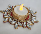 Kundan Tea Light Holder: Golden Diwali Pooja Decor, Wedding Favor