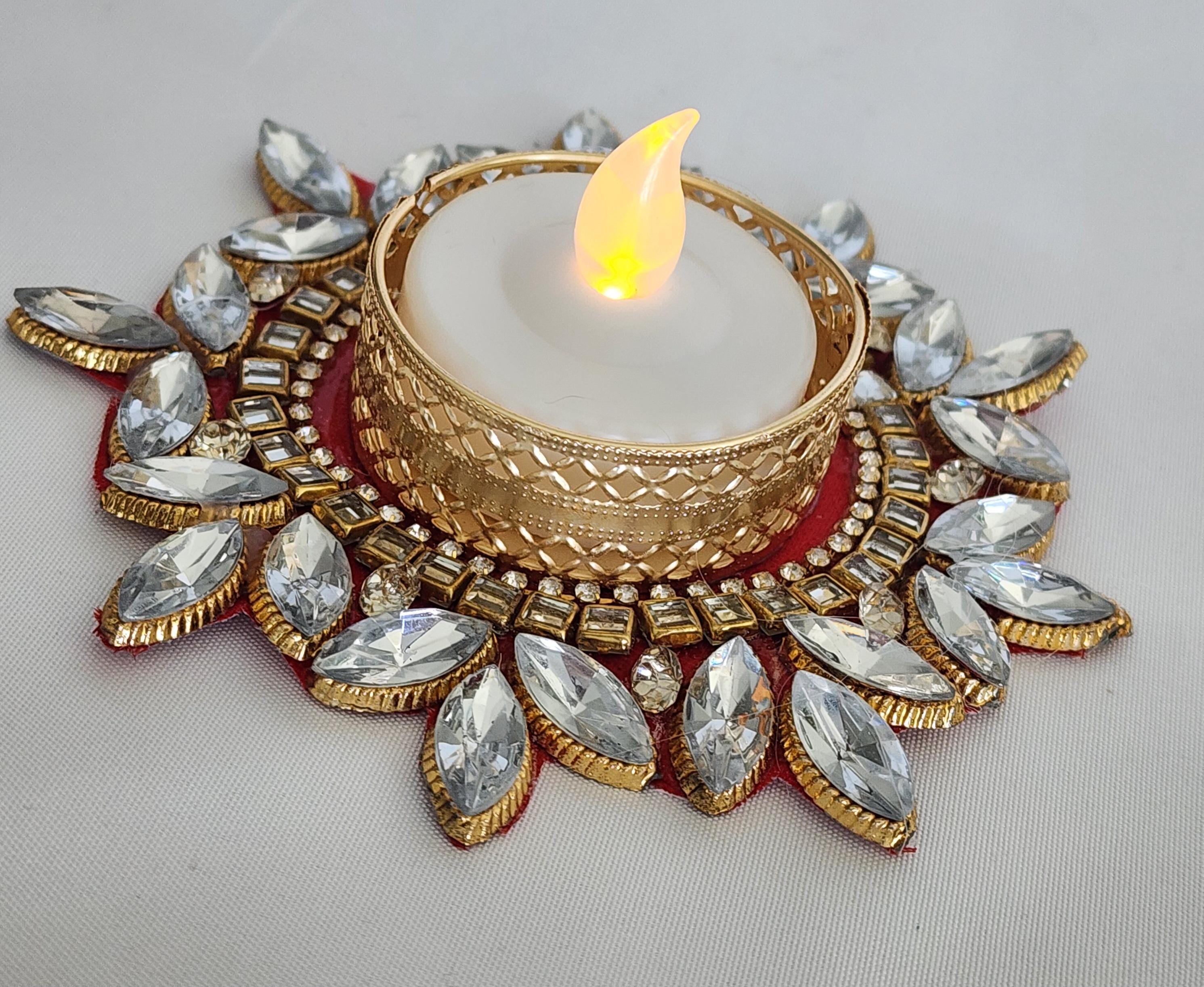 Kundan Tea Light Holder: Golden Diwali Pooja Decor, Wedding Favor