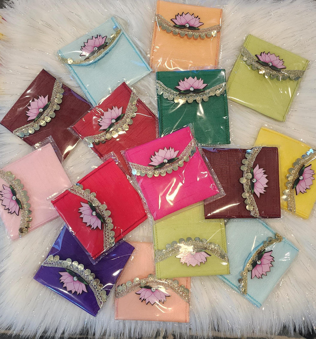 Set of 5 Handcrafted Lotus Pouches: Colorful Diwali Wedding Favors.