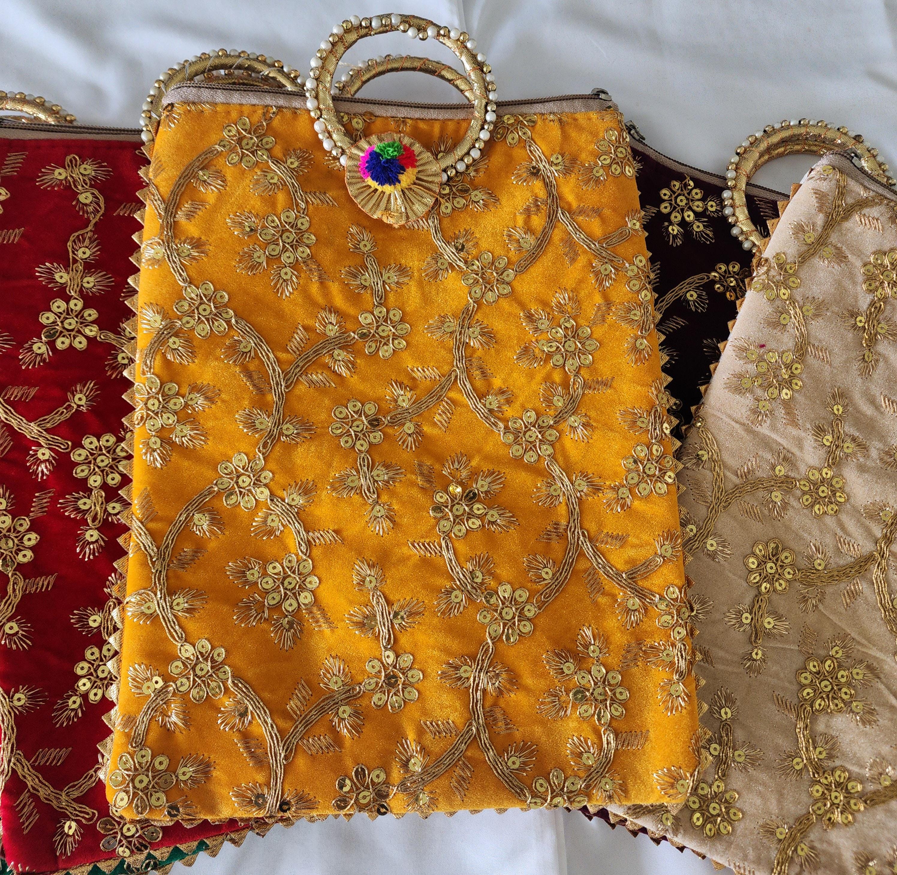 Embroidered Handmade Potli Bag with Handle and Zipper: Multicolor Floral Favor, Henna Party Gift.