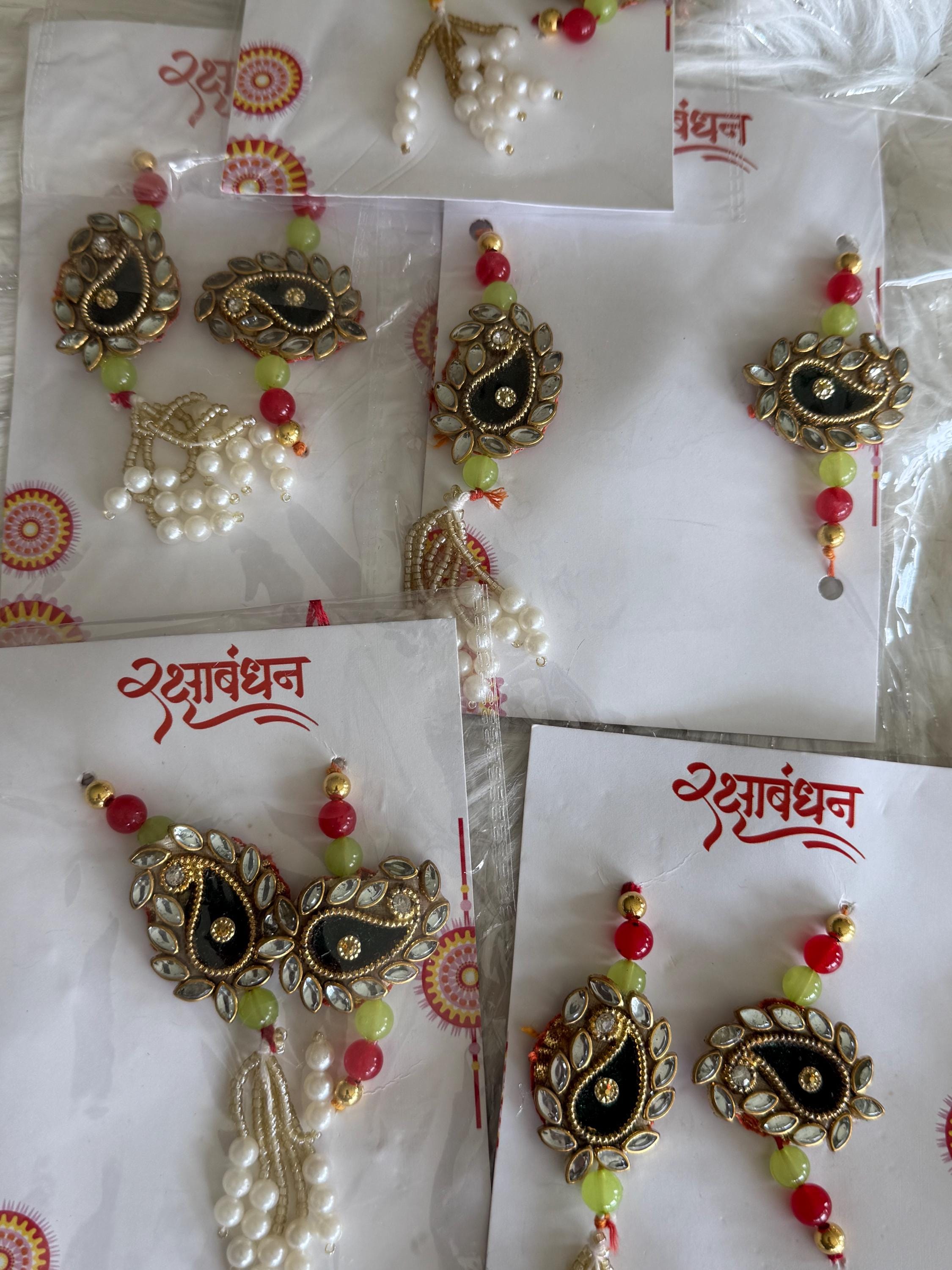 Handmade Kundan Couple Rakhi Set: Pearl Chain, Roli & Chawal