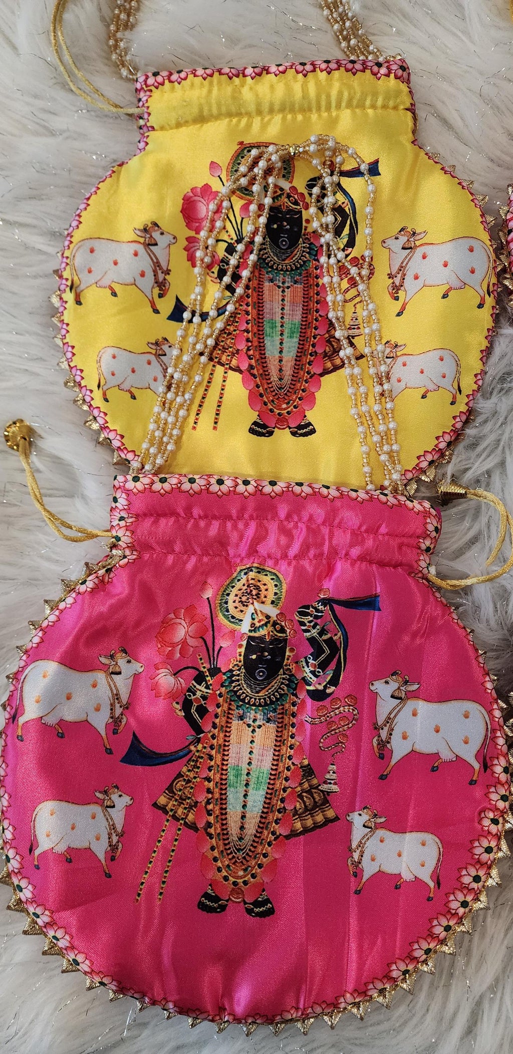 Shreenath ji God Potli Bag: Embroidered Silk Clutch, Indian Wedding Favor.