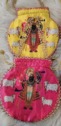Shreenath ji God Potli Bag: Embroidered Silk Clutch, Indian Wedding Favor.