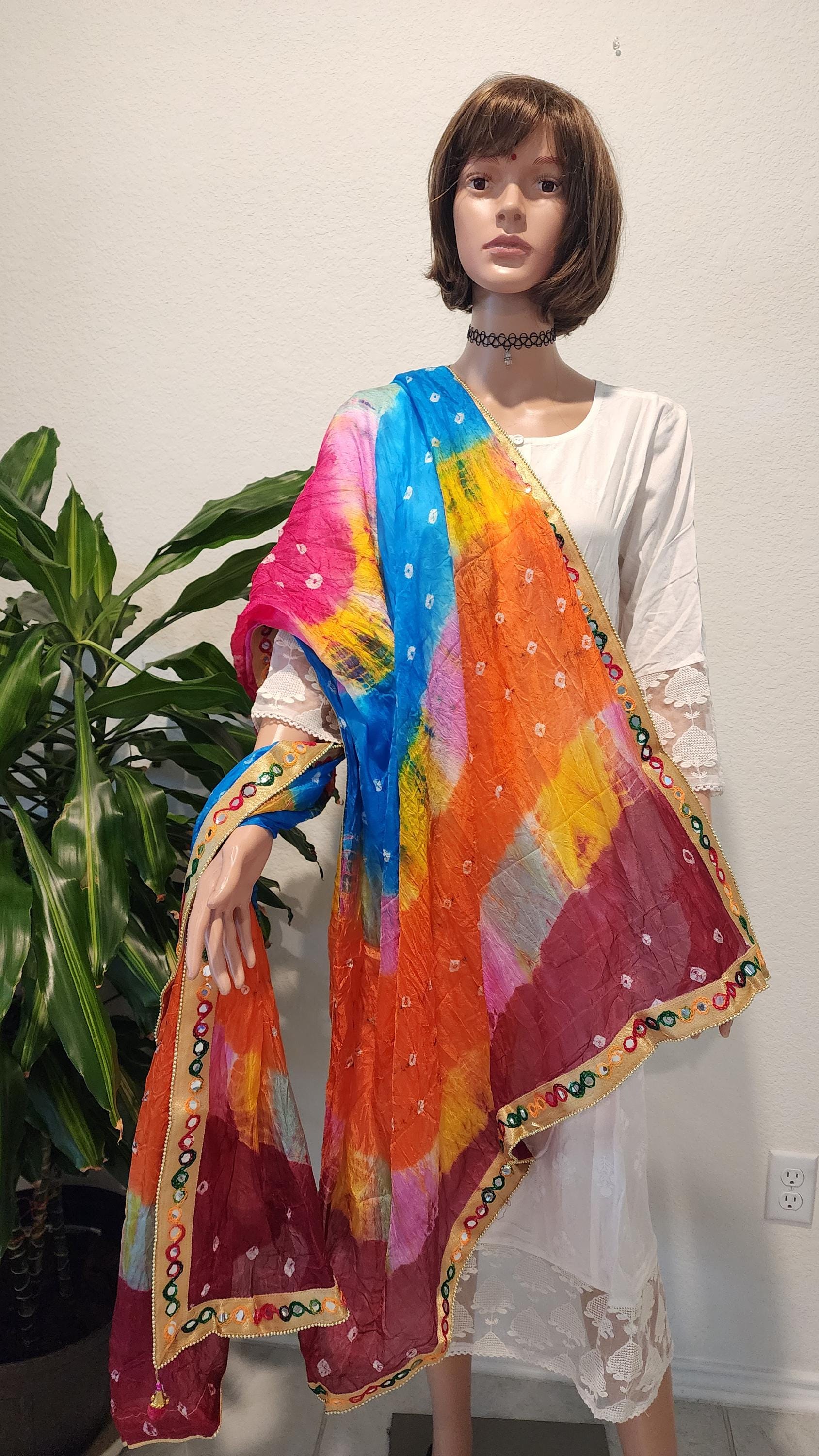 Bandhej Art Silk Dupatta: Rajasthani Gotta Patti Wedding Scarf