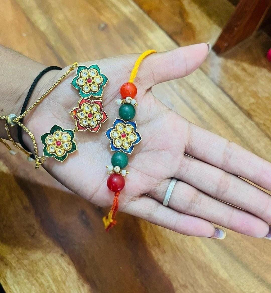 Handmade Kundan Rakhi Set: Pearl Chain Couple Rakhi with Roli Chawal