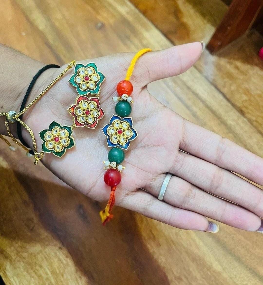 Handmade Kundan Rakhi Set: Pearl Chain Couple Rakhi with Roli Chawal