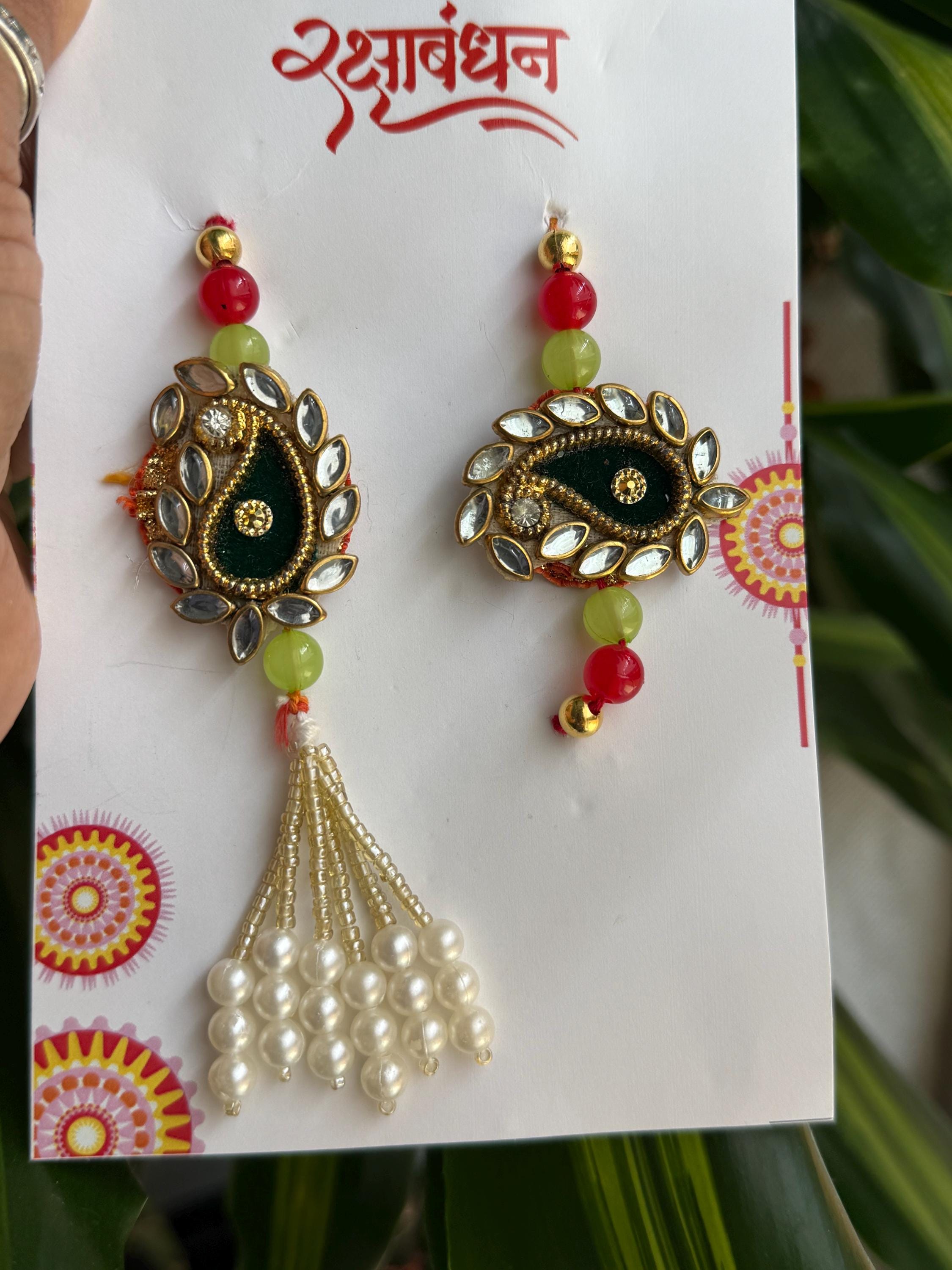 Handmade Kundan Couple Rakhi Set: Pearl Chain, Roli & Chawal