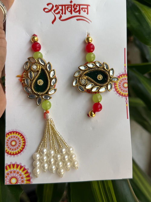 Handmade Kundan Couple Rakhi Set: Pearl Chain, Roli & Chawal