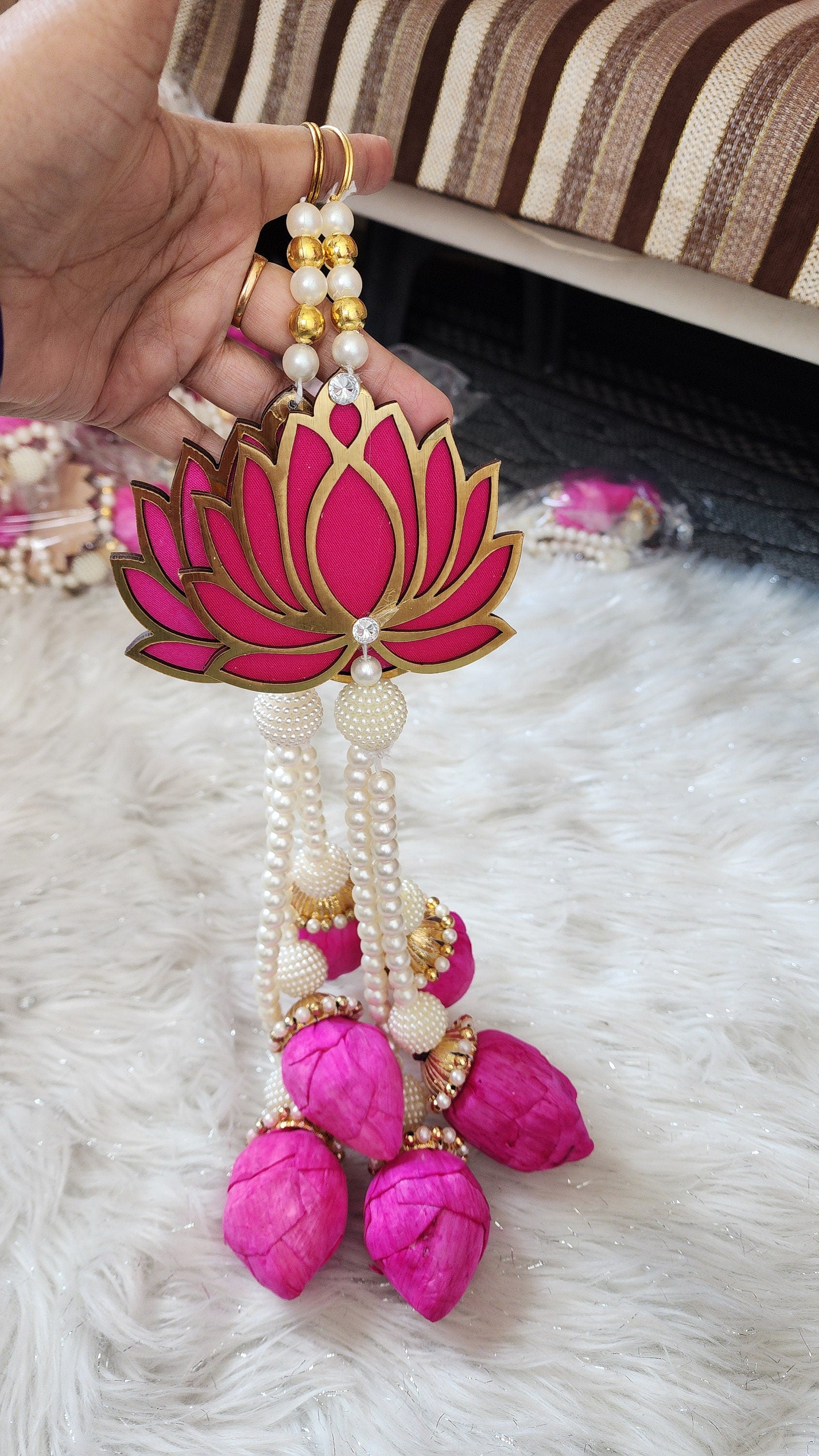 Pink Lotus Garland with Pearls: Indian Wedding Hanging Decor (Set of 2)