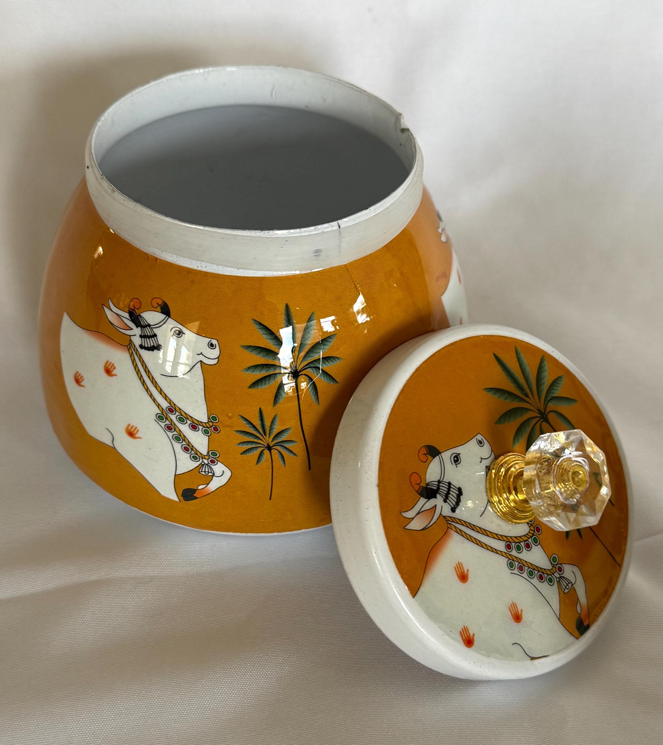 Pichwai Art Jar: Nandi Cow & Peacock Design, Copper Home Decor.