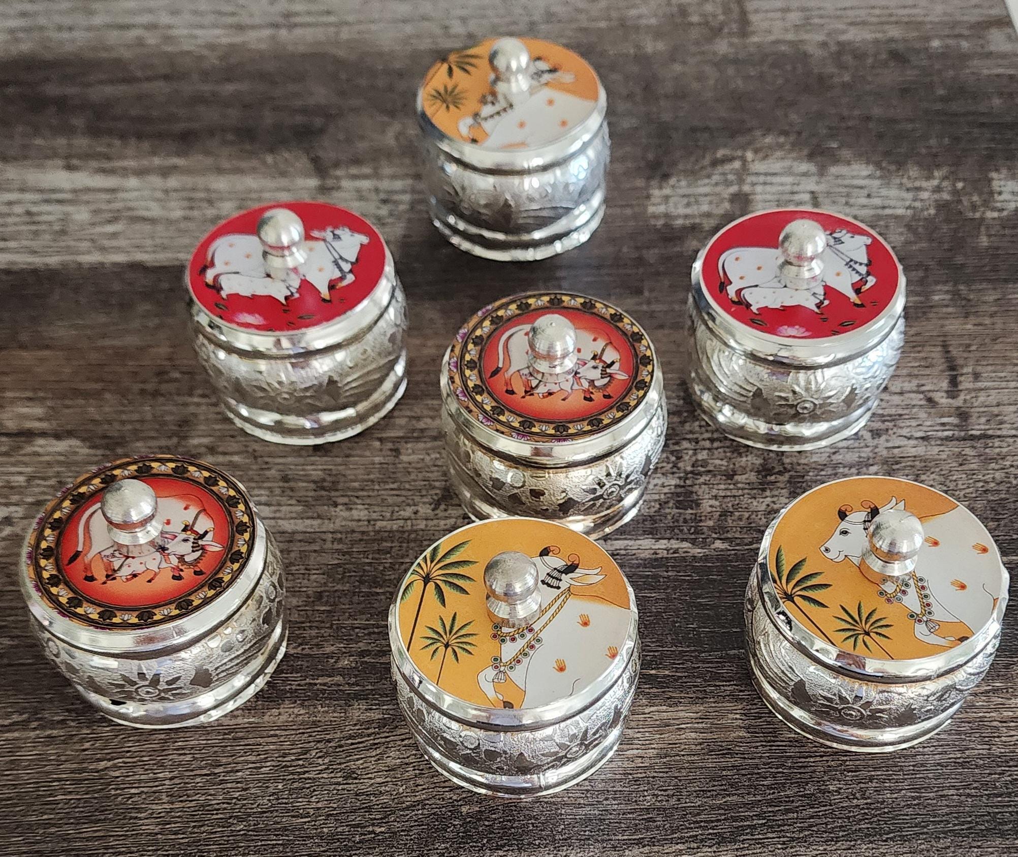 Handcrafted Enamel Haldi Kumkum Dibbi: German Silver Pichwai, Wedding Favor.