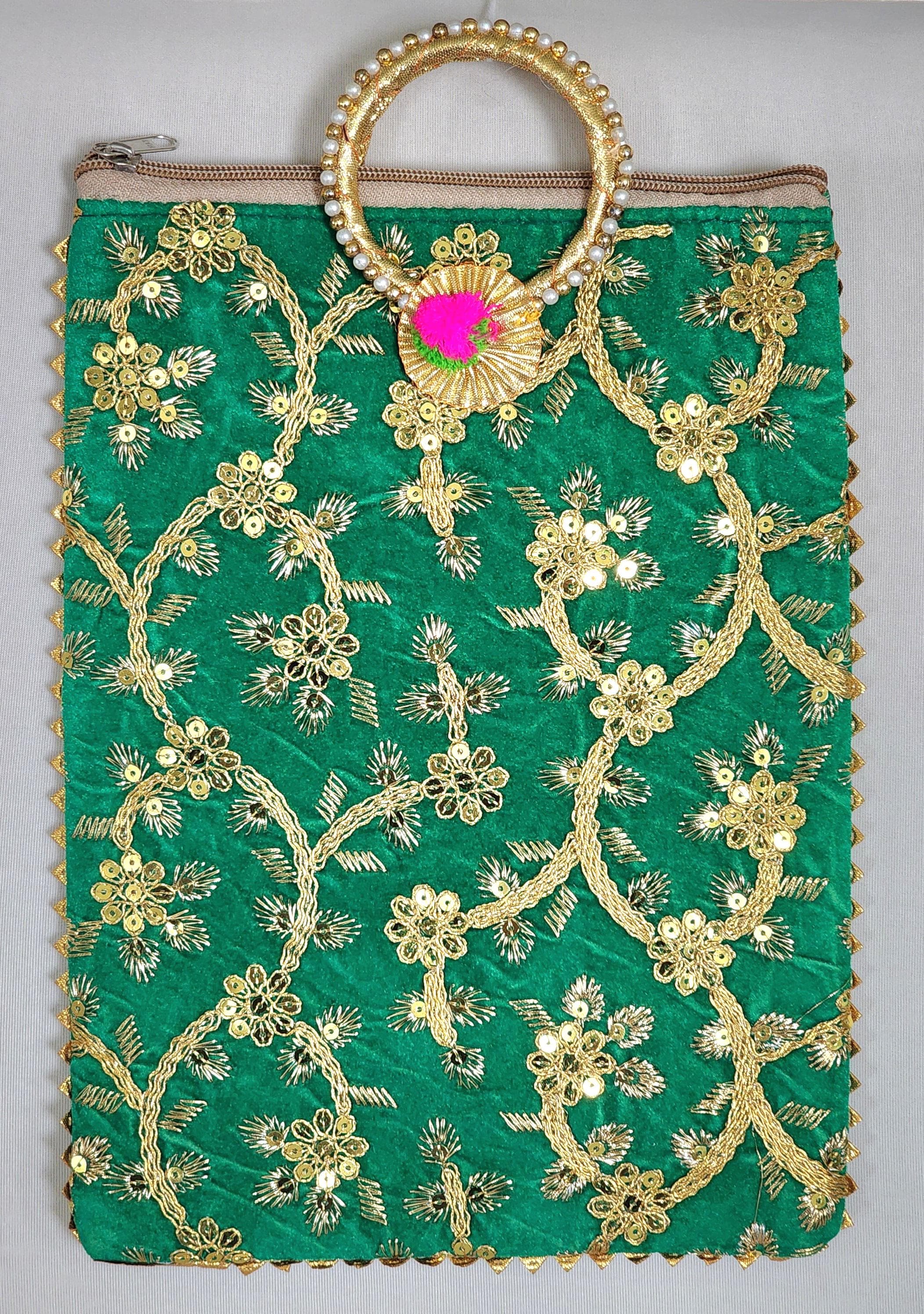 Embroidered Handmade Potli Bag with Handle and Zipper: Multicolor Floral Favor, Henna Party Gift.