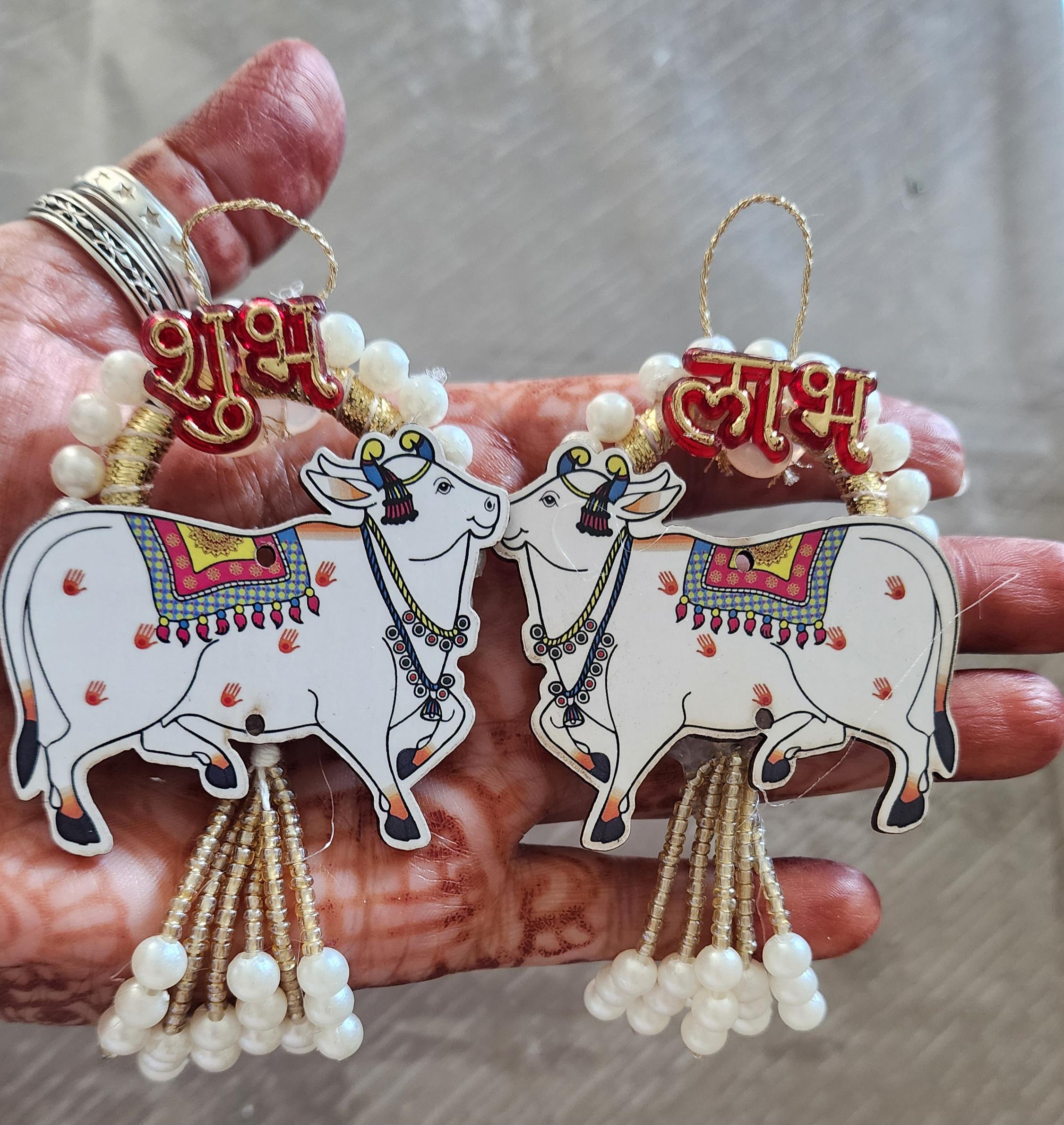 Pichwai Handmade Cow Shubh-Labh Hanging: Diwali Mandir Decor.