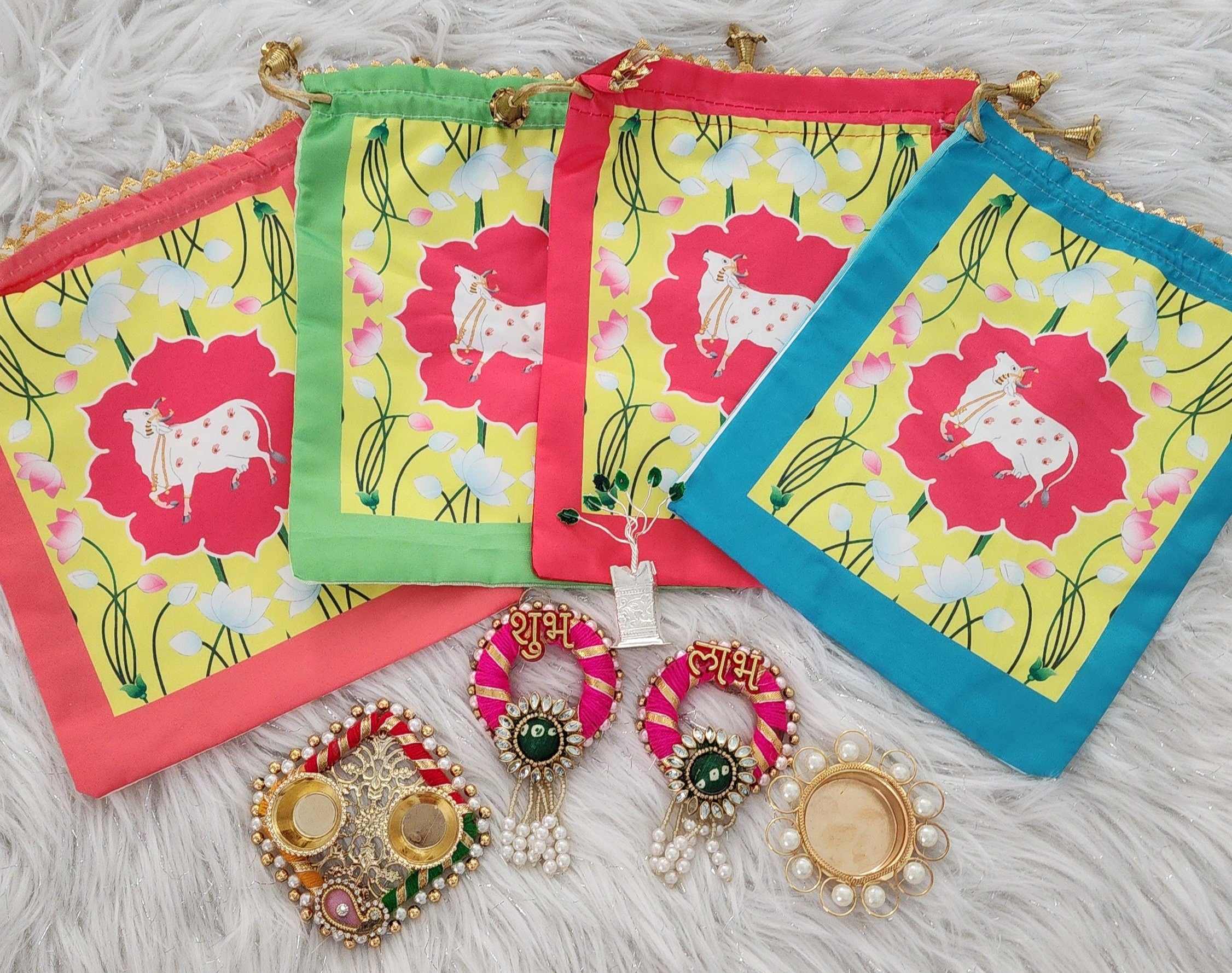 Diwali Potli Bag Set: Pooja Favors, Housewarming Gifts (5 Pcs)