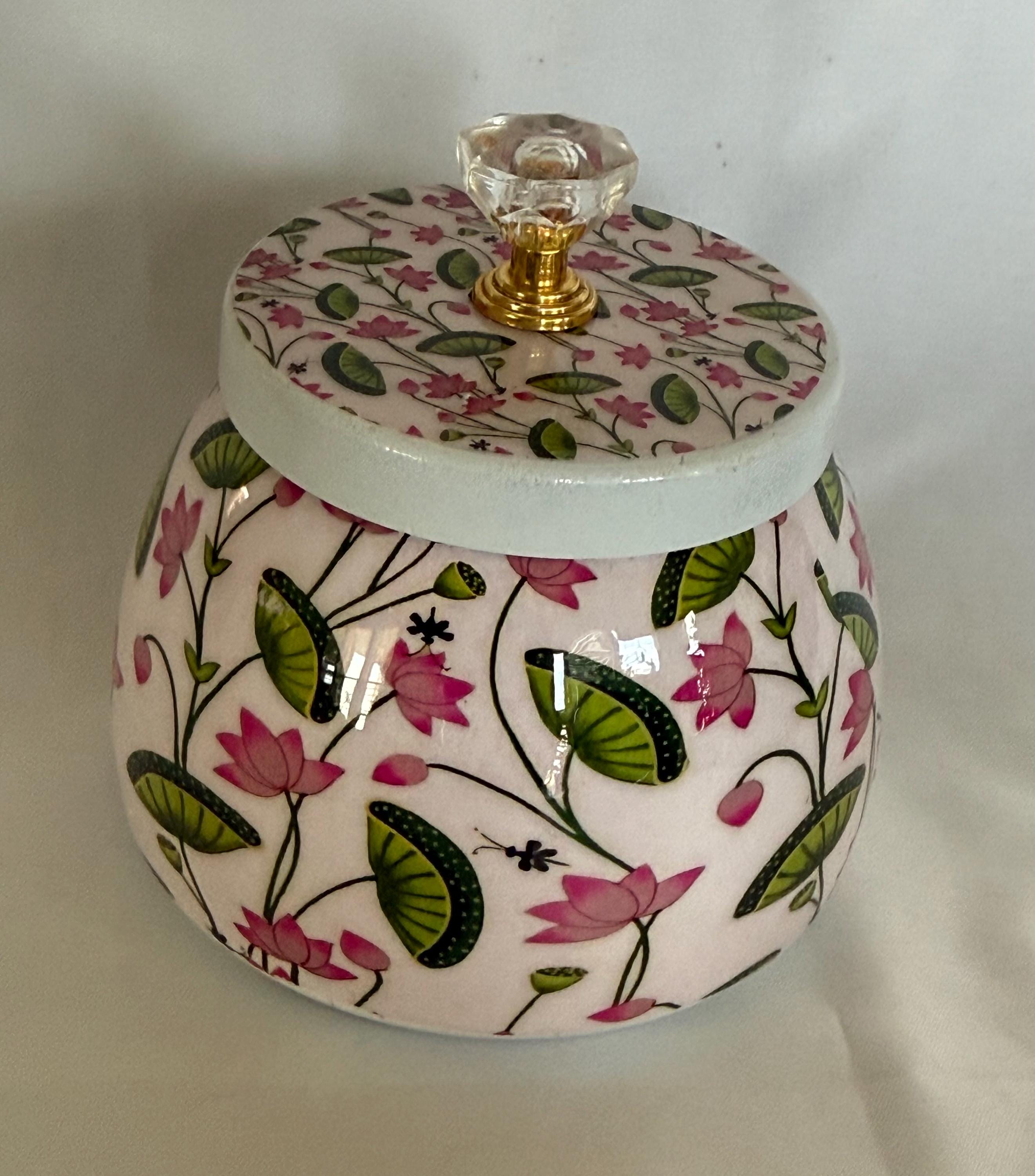 Pichwai Art Jar: Nandi Cow & Peacock Design, Copper Home Decor.