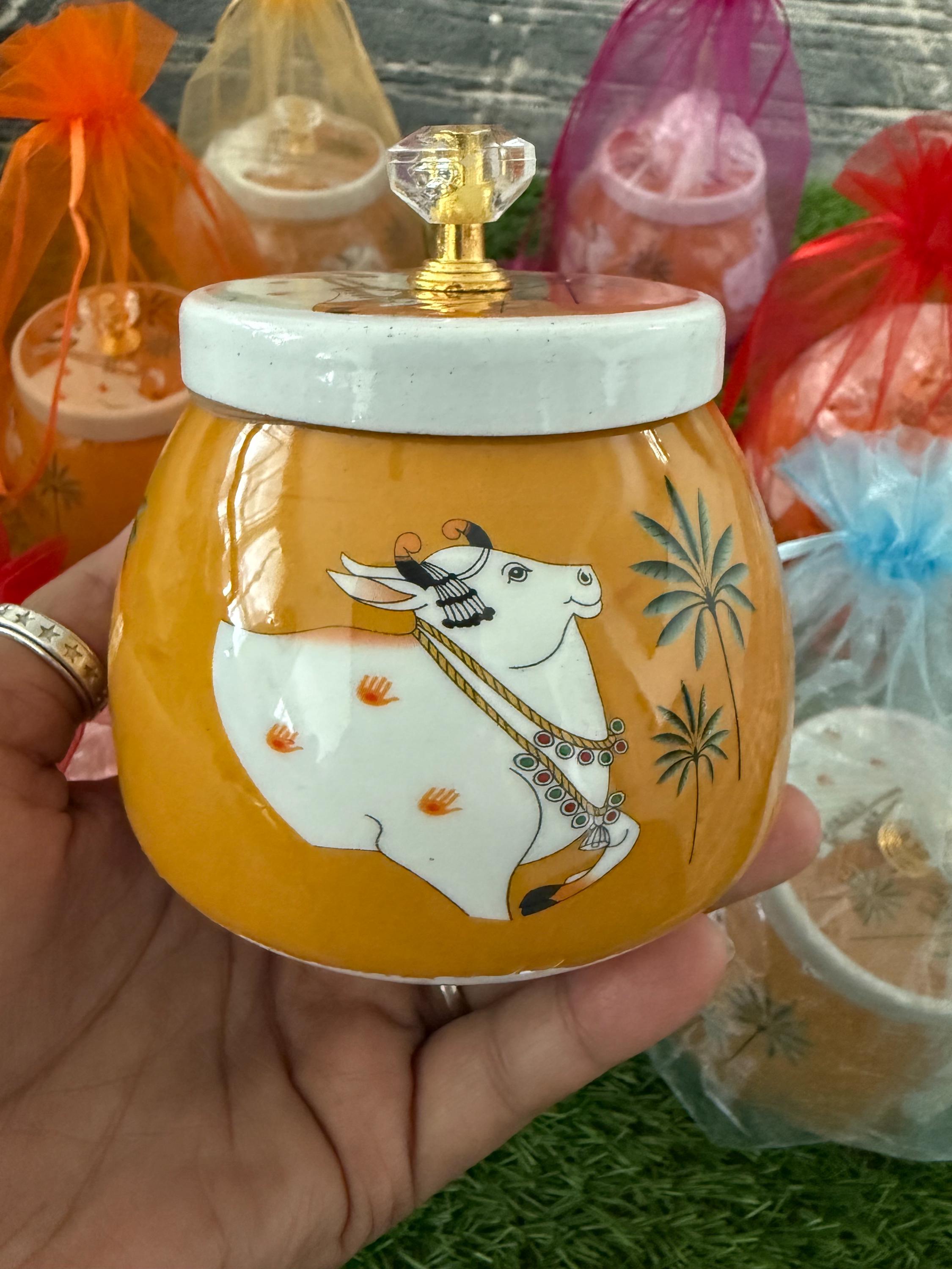 Pichwai Art Handmade Jar Nandi Cow Design, Copper Home Decor.