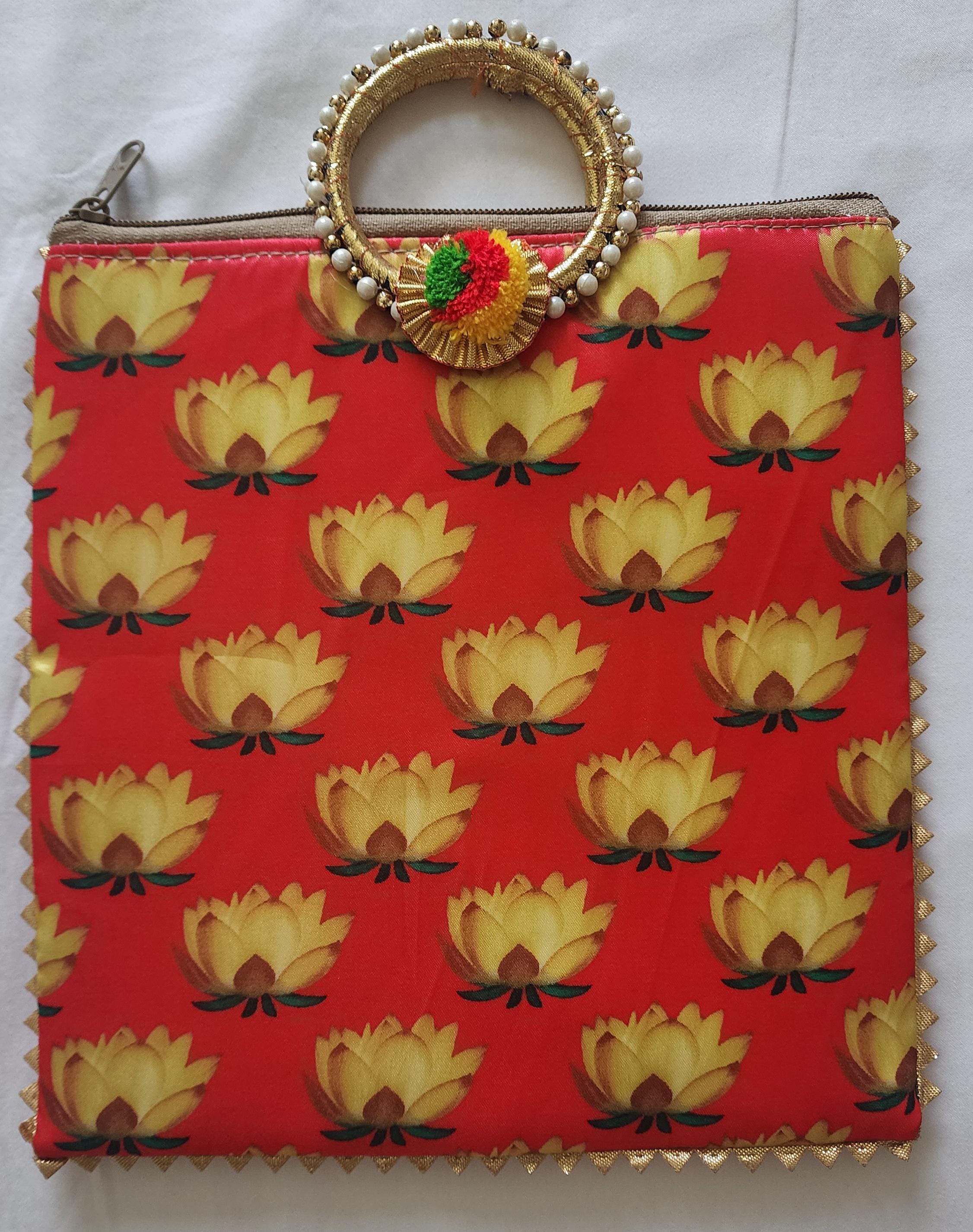 Pichwai Lotus Flower Silk Potli Bag: Multicolor Indian Gift