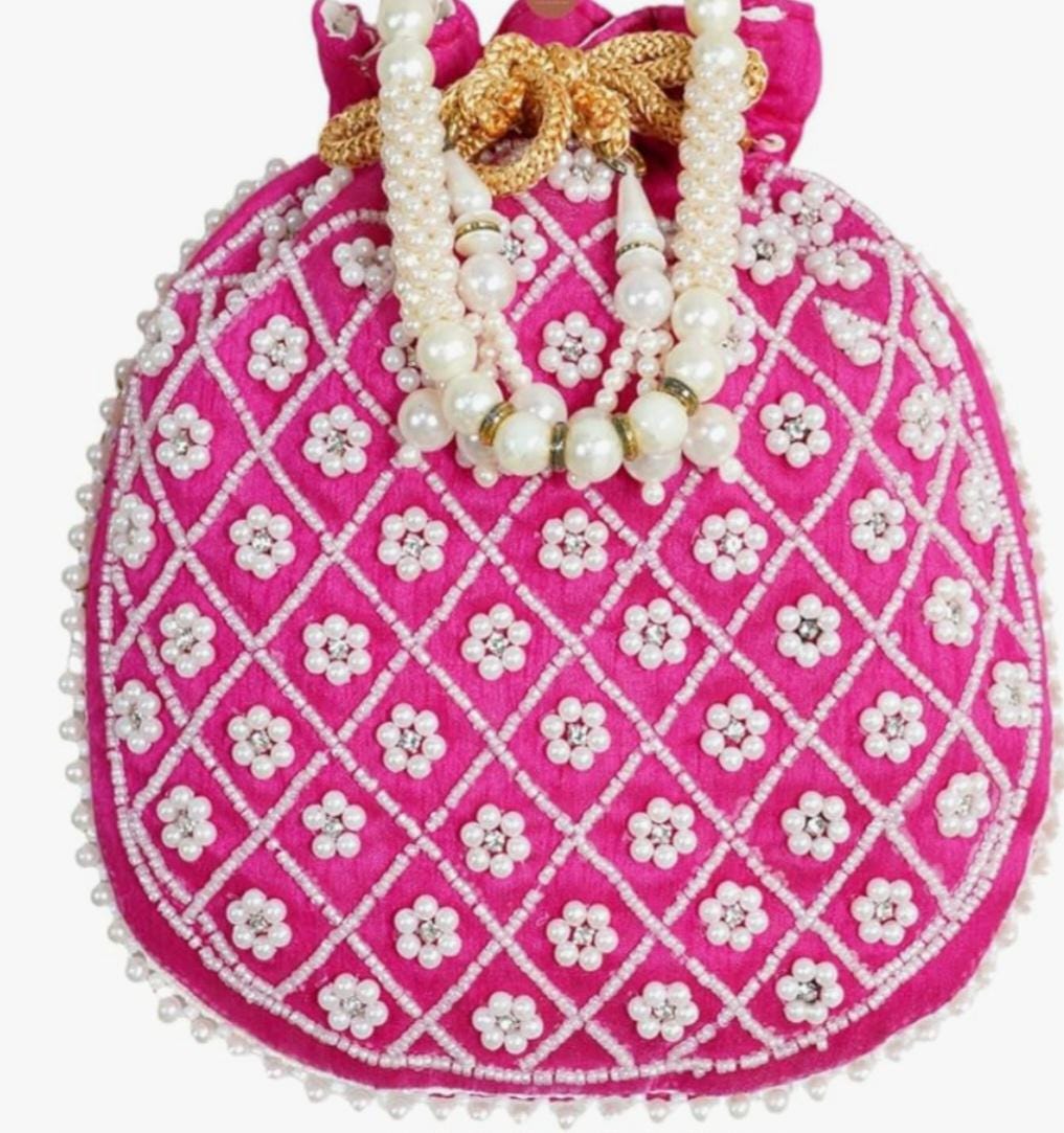 Beaded Pearl Potli Bag: Indian Wedding Clutch, Handmade Silk Purse.