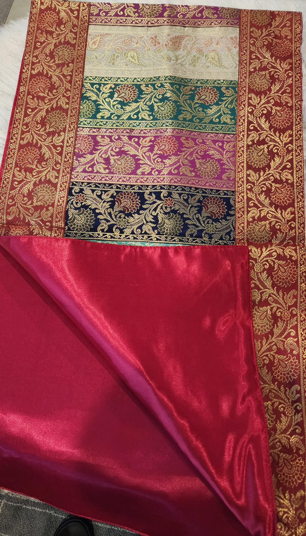 Peacock Print Silk Brocade Table Runner - Indian Decor (16x60 Inch)