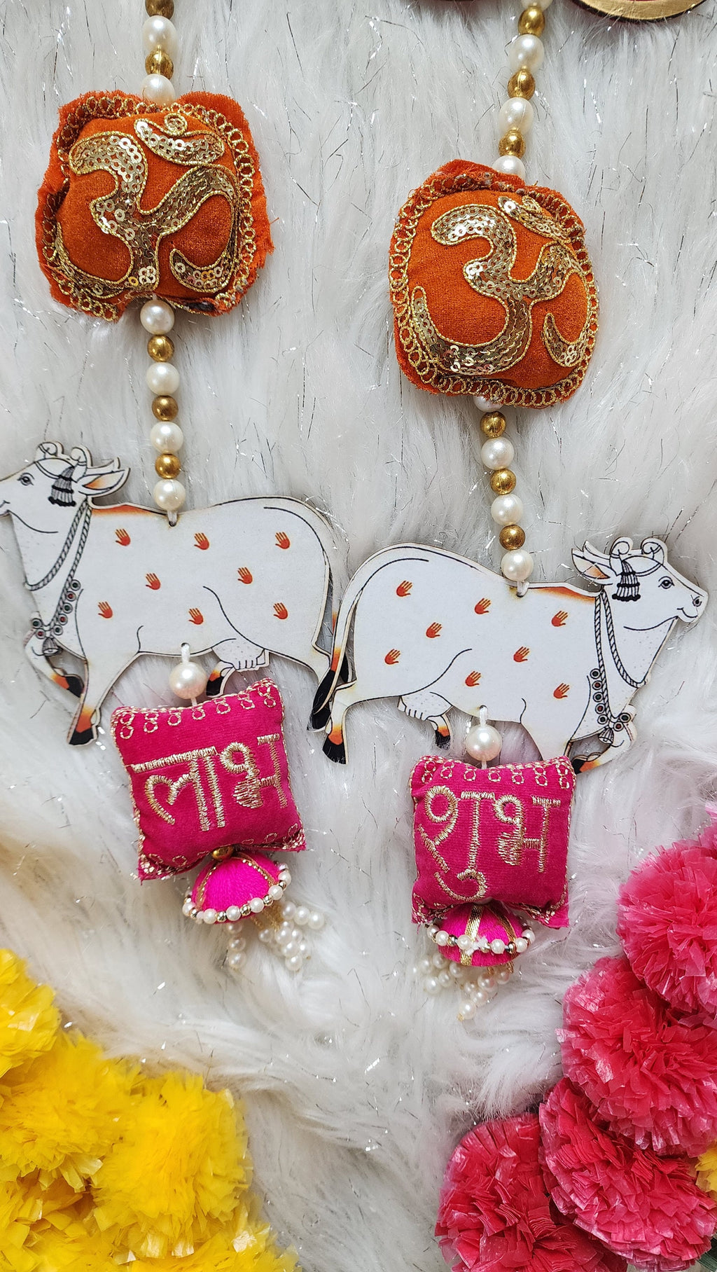 Lotus & Pichwai Cow Shubh-Labh Hanging: Diwali Mandir Decor