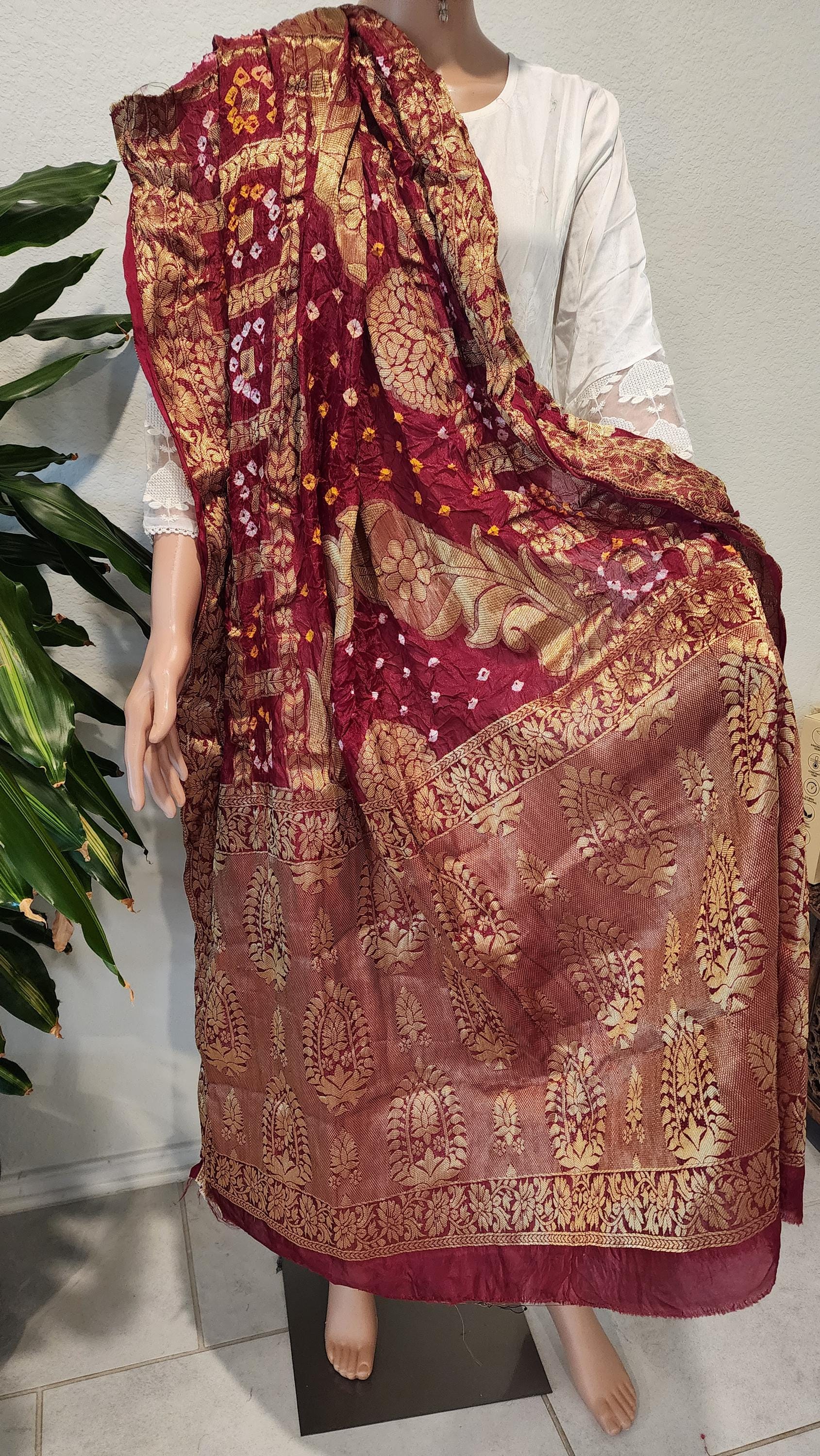 Hand Printed Jacquard Silk Dupatta: Banarsi Print Wedding Favor