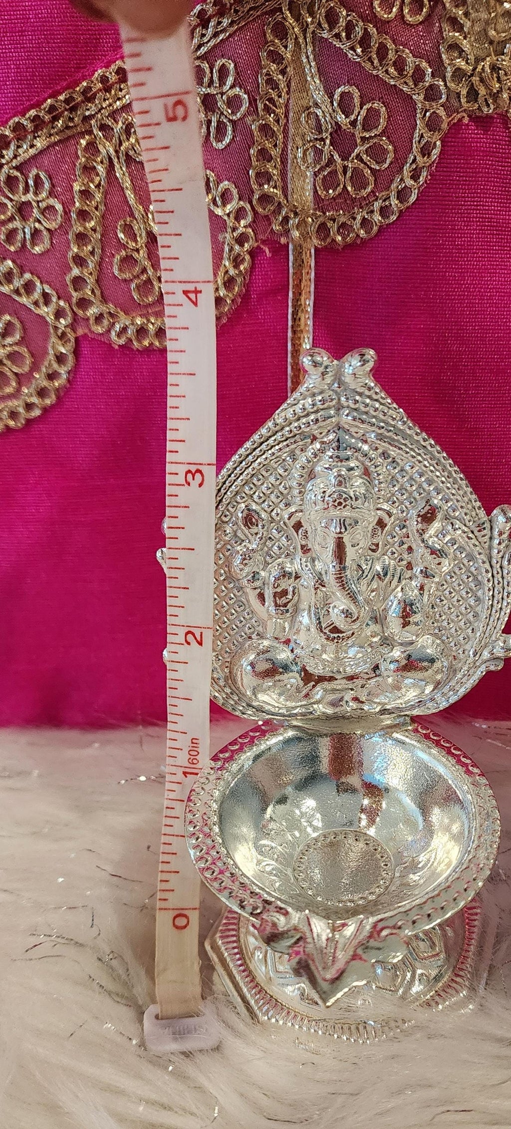 Handmade German Silver Ganesha Lakshmi Diya Set - 4" Diwali Deepam Lamp.