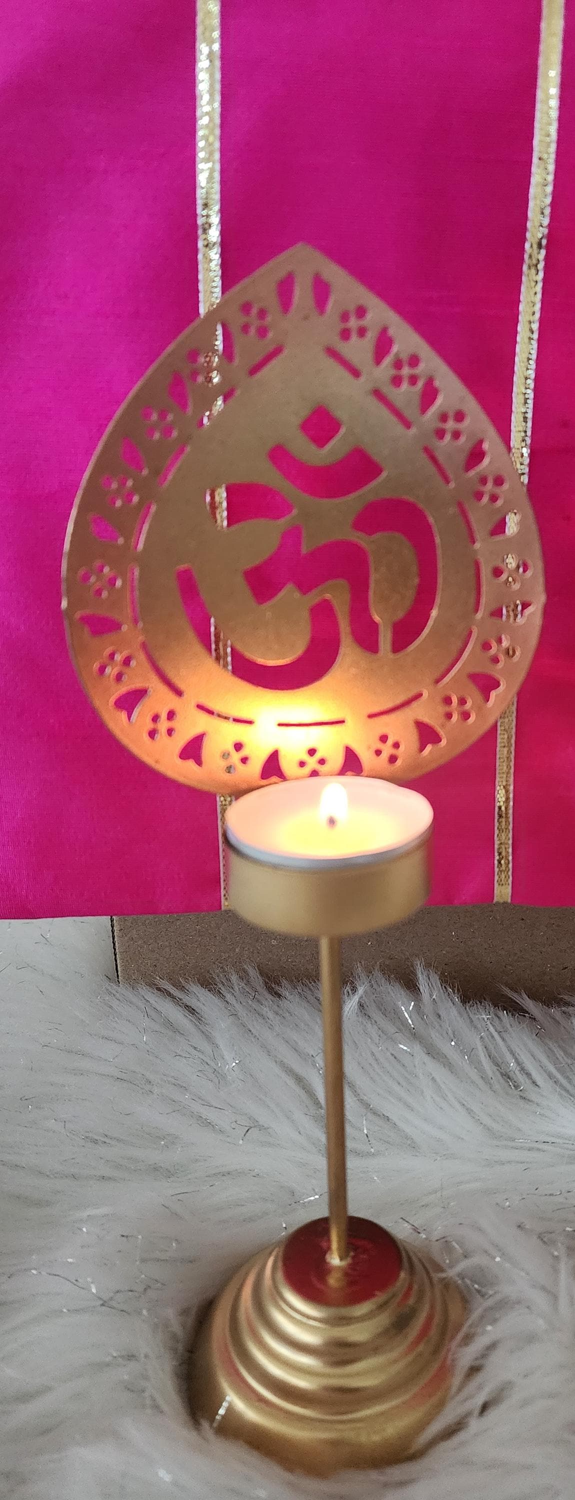 Handmade Metallic Urli Diya with Stand: Lotus/Om Diwali Decor - 10 inch