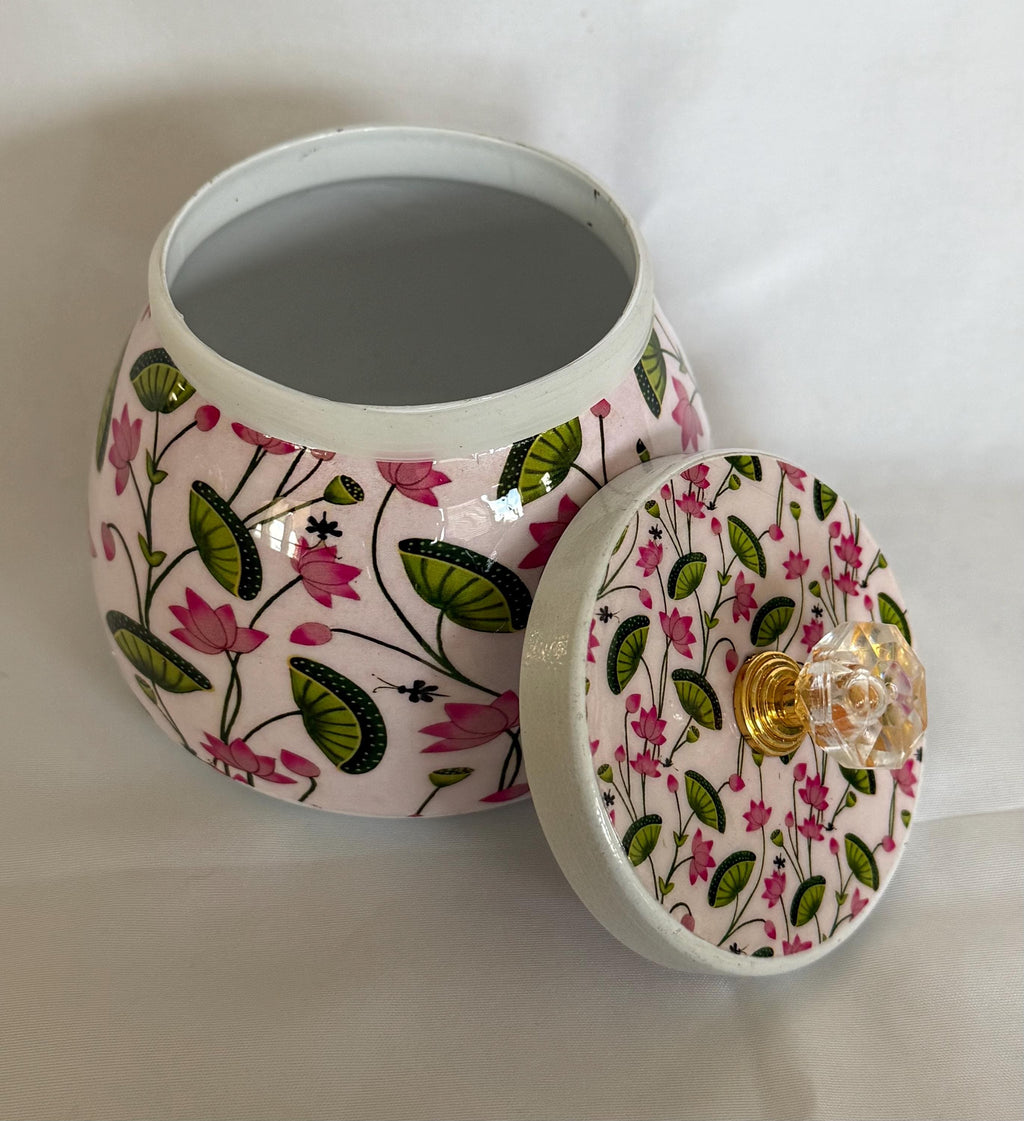 Pichwai Art Jar: Nandi Cow & Peacock Design, Copper Home Decor.