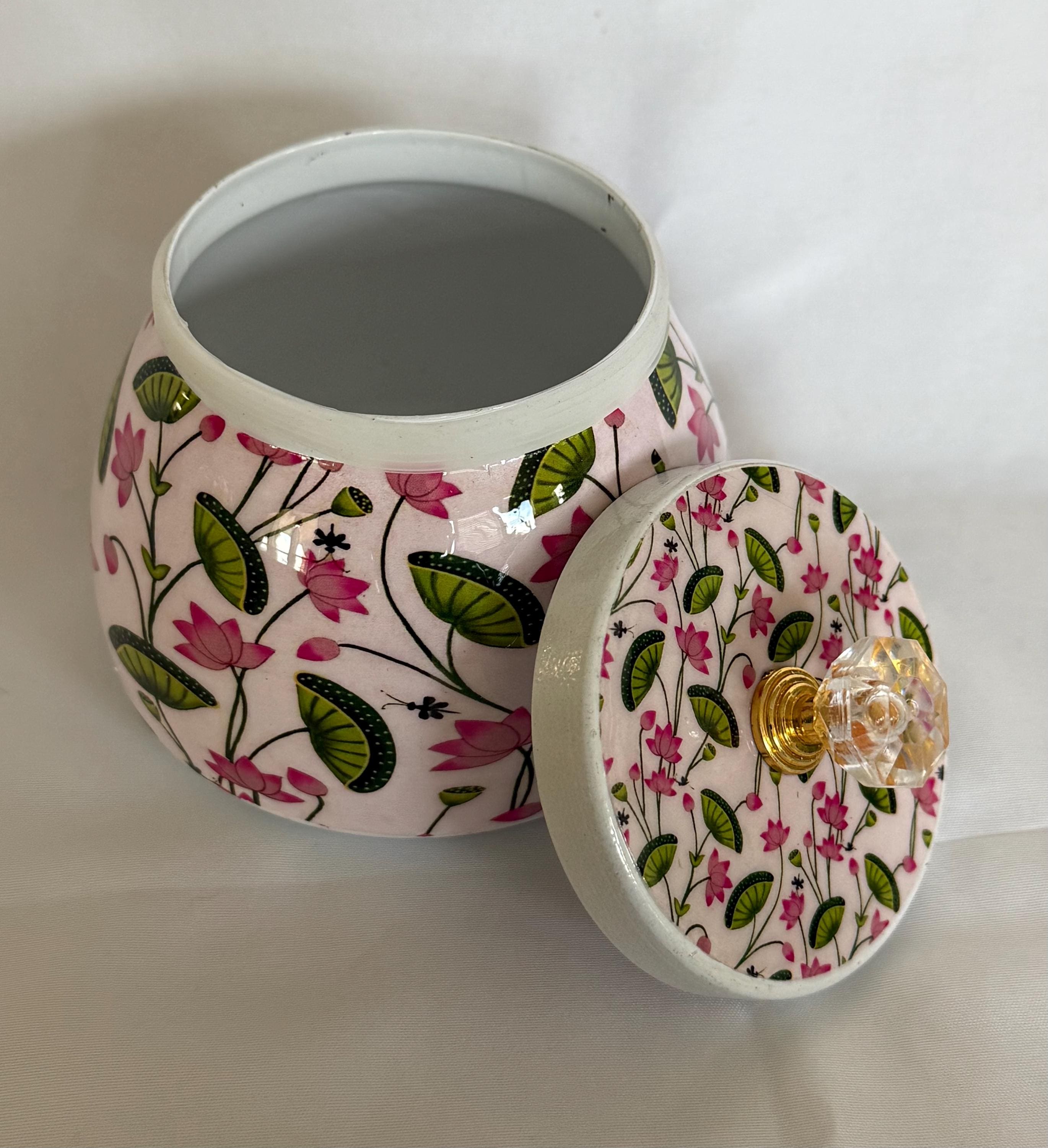 Pichwai Art Jar: Nandi Cow & Peacock Design, Copper Home Decor.