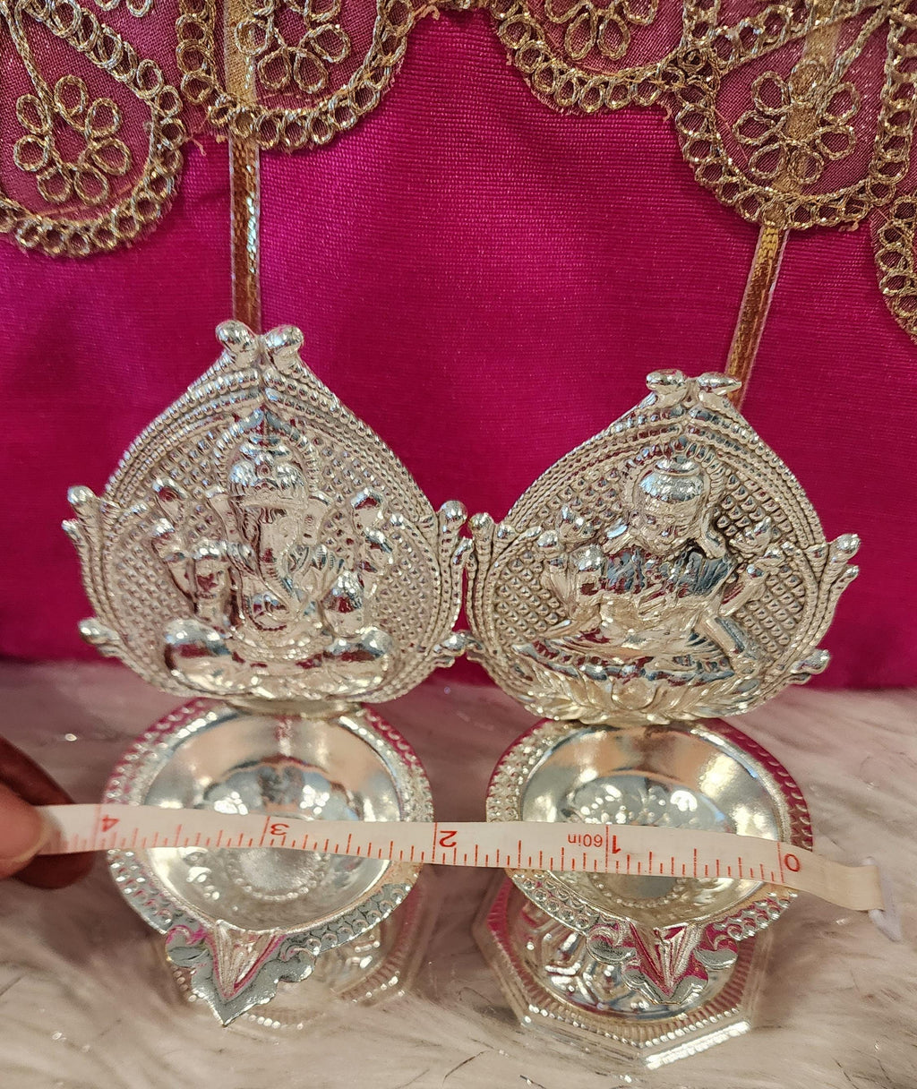 Handmade German Silver Ganesha Lakshmi Diya Set - 4" Diwali Deepam Lamp.