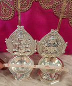 Handmade German Silver Ganesha Lakshmi Diya Set - 4" Diwali Deepam Lamp.