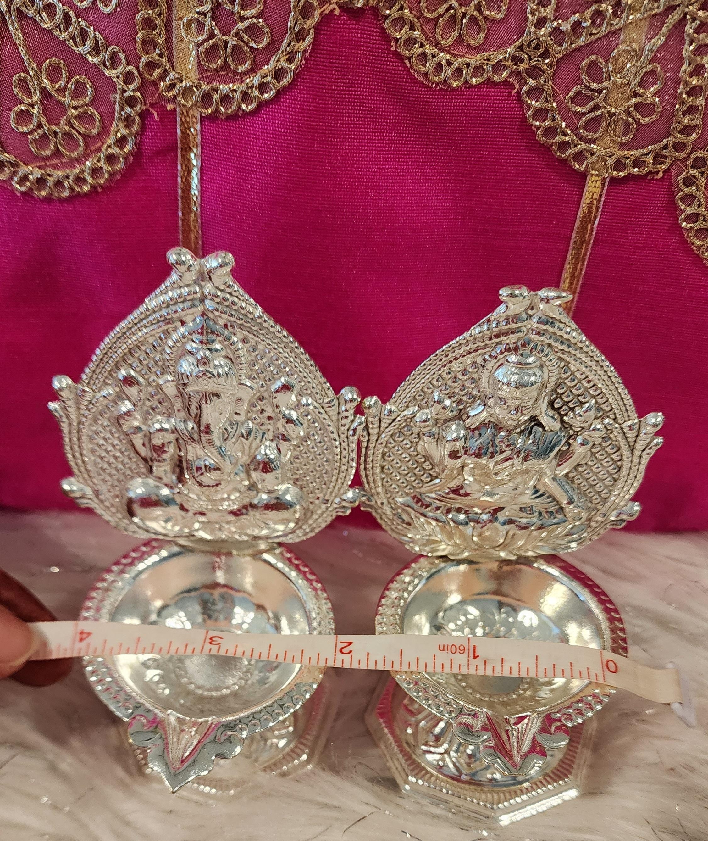 Handmade German Silver Ganesha Lakshmi Diya Set - 4" Diwali Deepam Lamp.