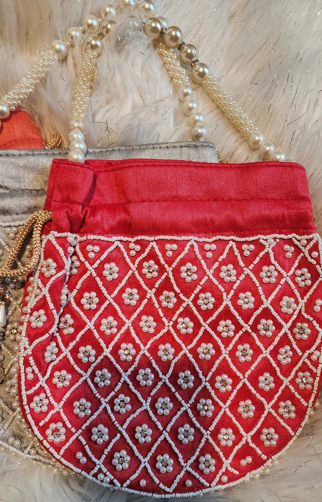 Beaded Pearl Potli Bag: Indian Wedding Clutch, Handmade Silk Purse.
