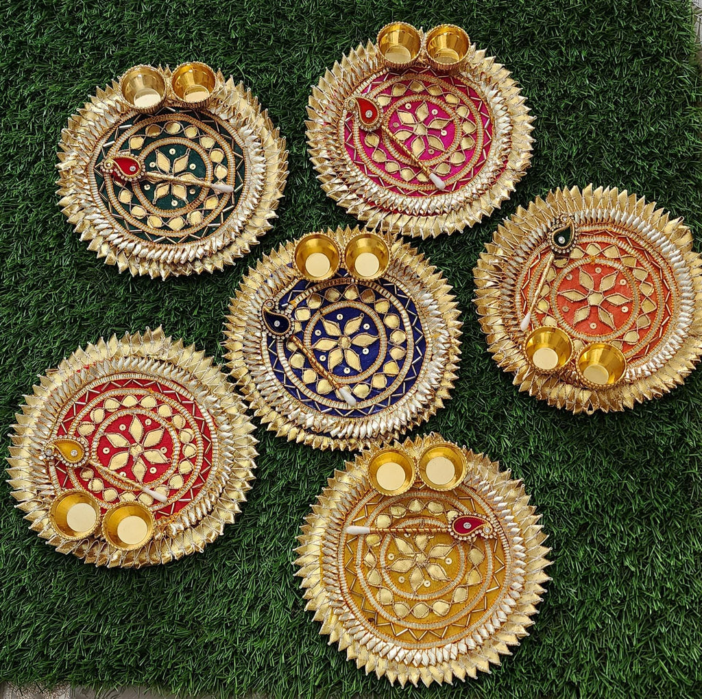 Handcrafted Haldi Kumkum Plate: Gotta Patti Work, Pooja Favor (6 inch)