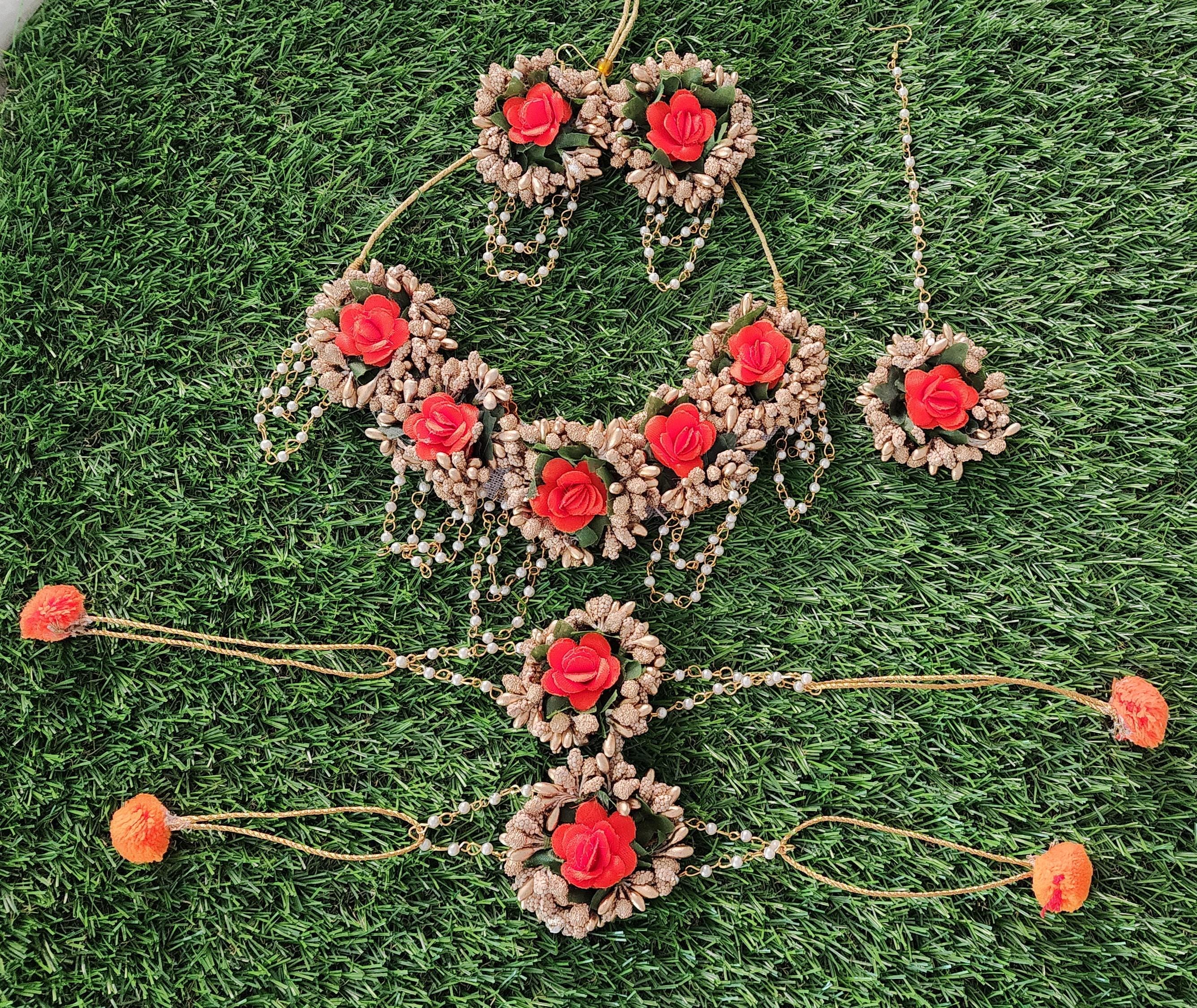 Floral Haldi Mehandi Jewelry Set, Indian Wedding, Sangeet.