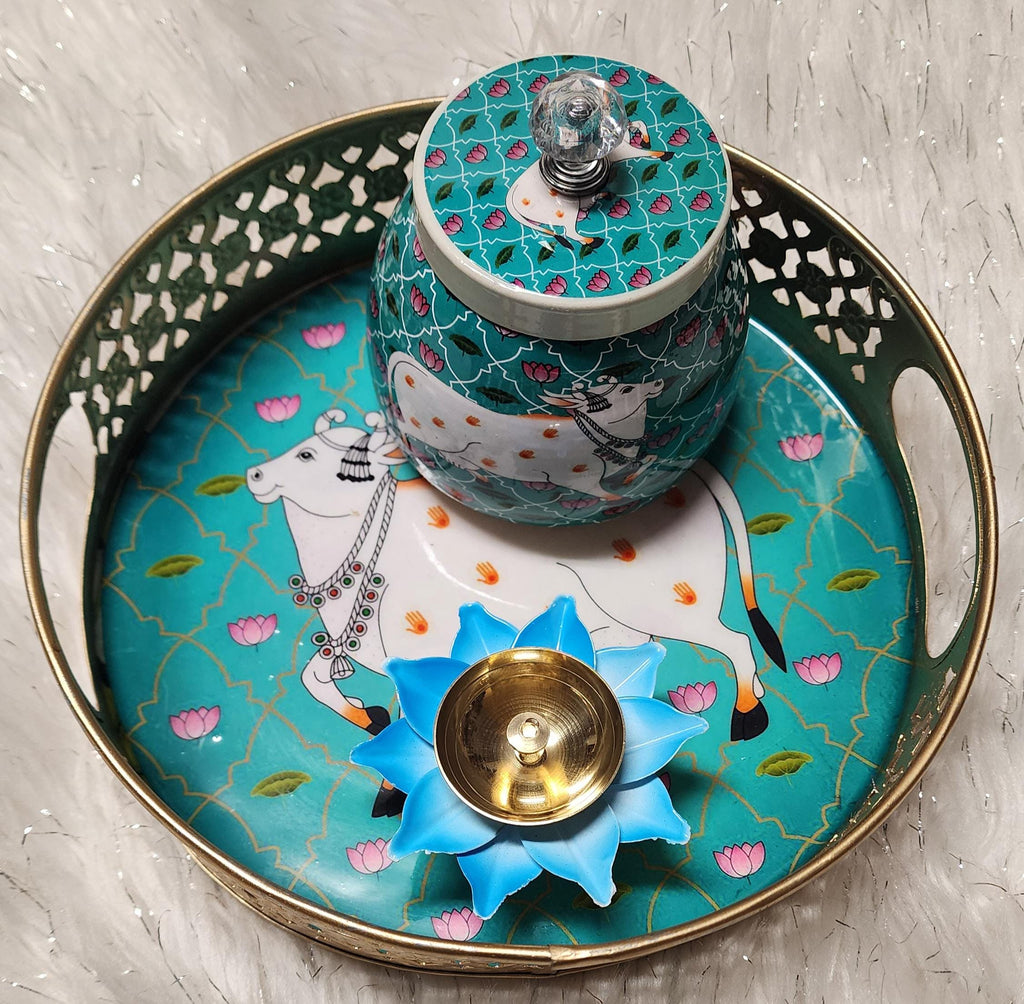 Pichwai Art Metal Tray Set: Nandi Cow Design, Indian Home Decor.