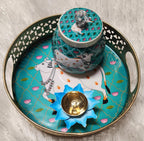 Pichwai Art Metal Tray Set: Nandi Cow Design, Indian Home Decor.