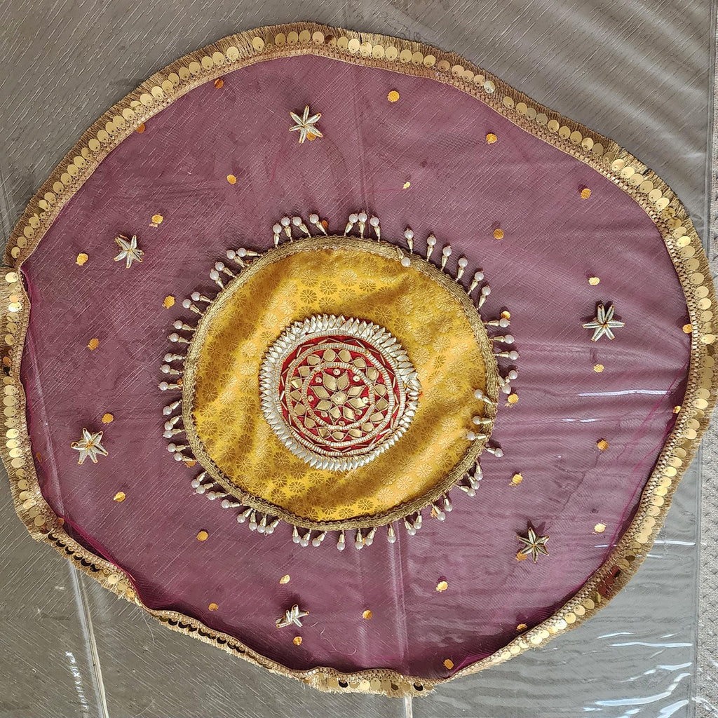 Handmade Organza Thali Cover: Indian Wedding Decor, Gota Embellished (21 inches)