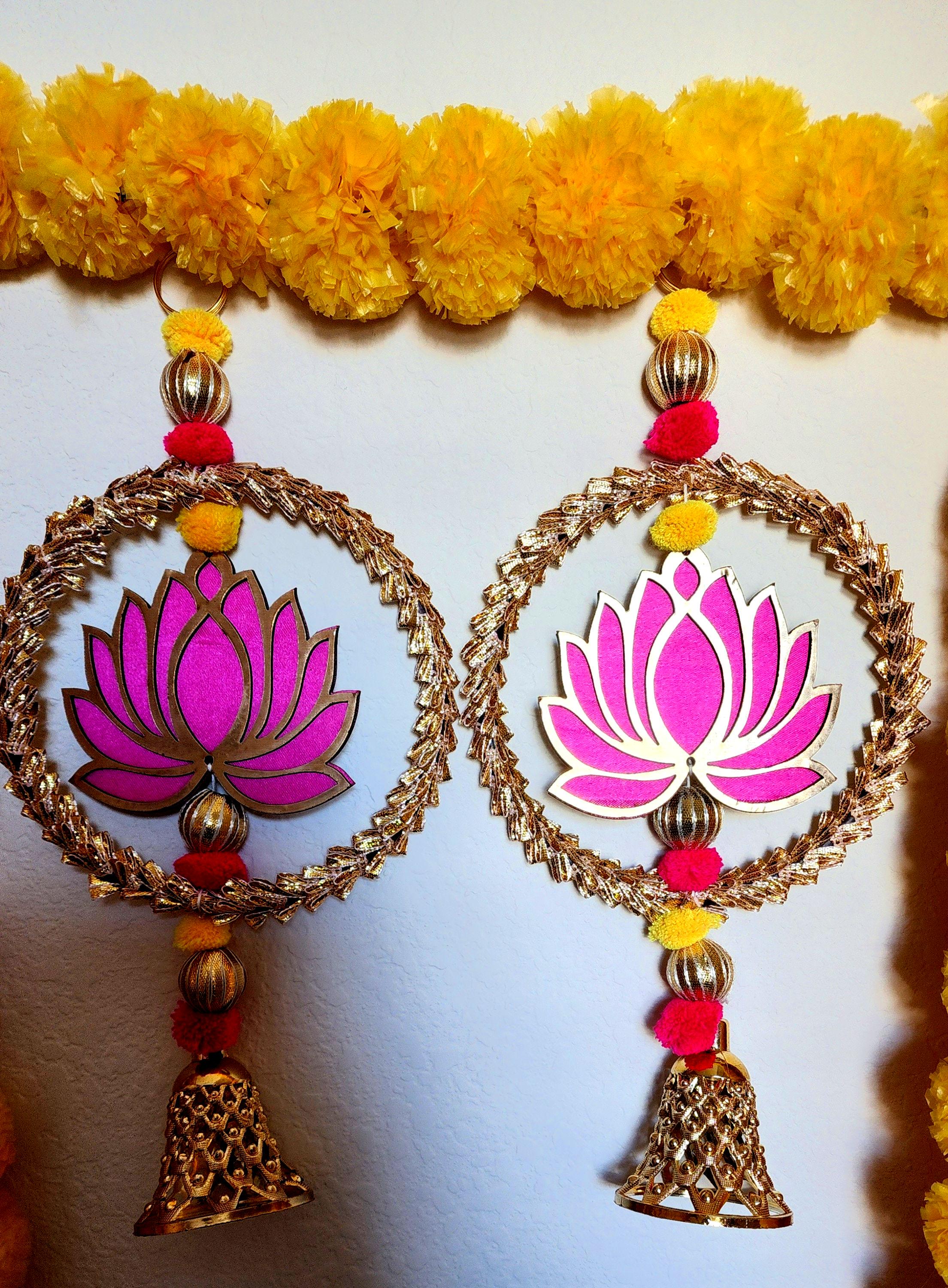 Lotus Garland with Gold Ring: Diwali Decoration, Temple Decor - 12 Inch.
