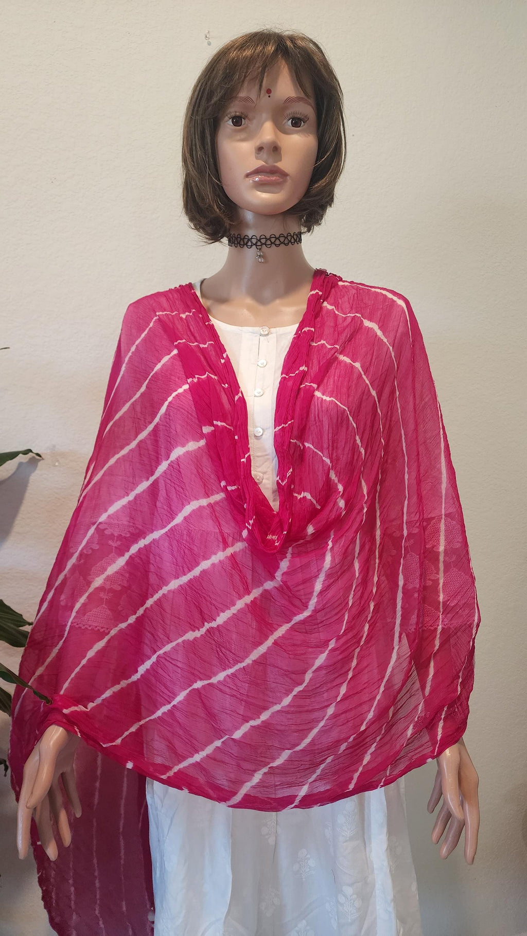 Bandhani Art Silk Dupatta: Rajasthani Tie Dye Scarf with Pom Poms