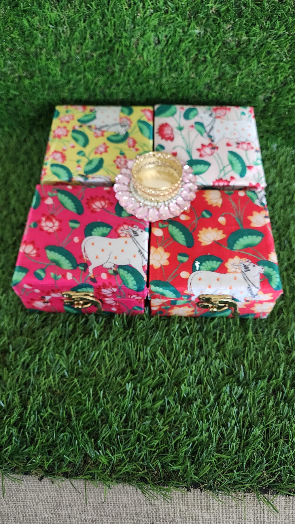 Pichwai Print Tea Light Holder Gift Box: Diwali Wedding Favor